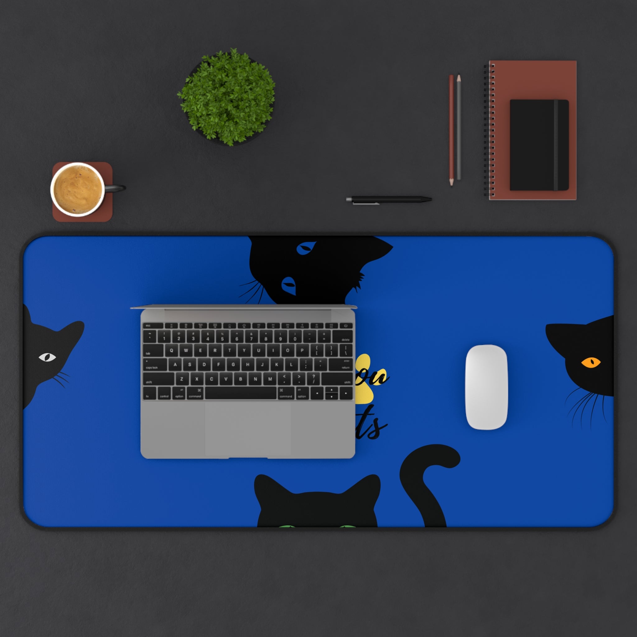 cute cat desk mat in blue for home office decor