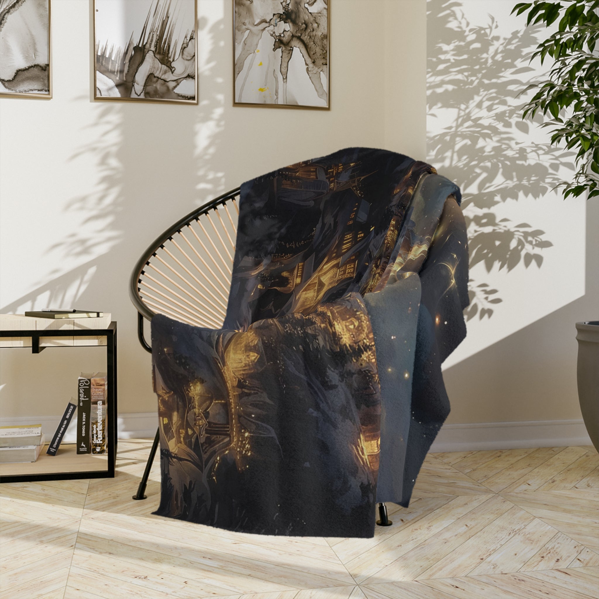 mountain skyline blanket with fantasy night illumination,
plush fleece throw with glowing mountain under moonlight,