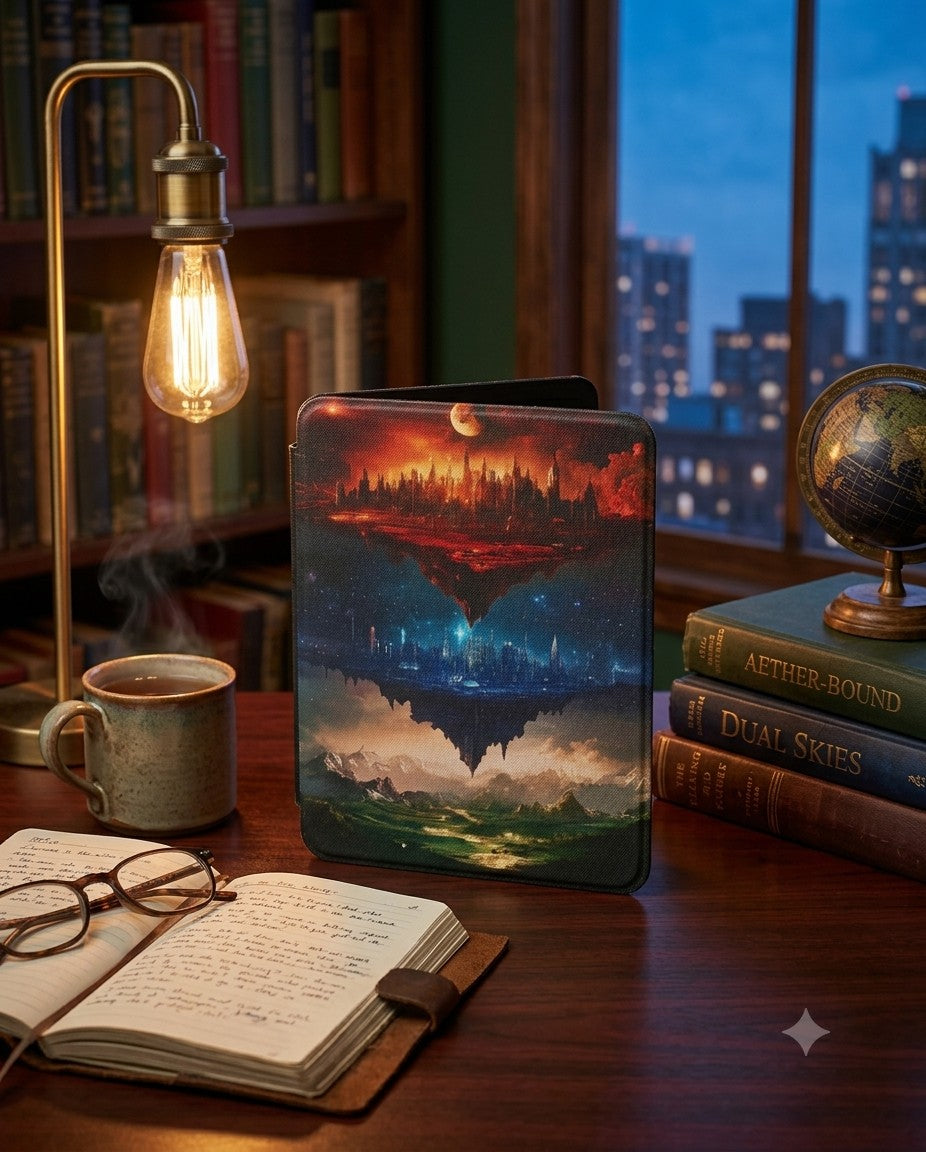 Maasverse Kindle case tucked in a tote bag beside a coffee cup and paperback, ACOTAR, Throne of Glass, Crescent City