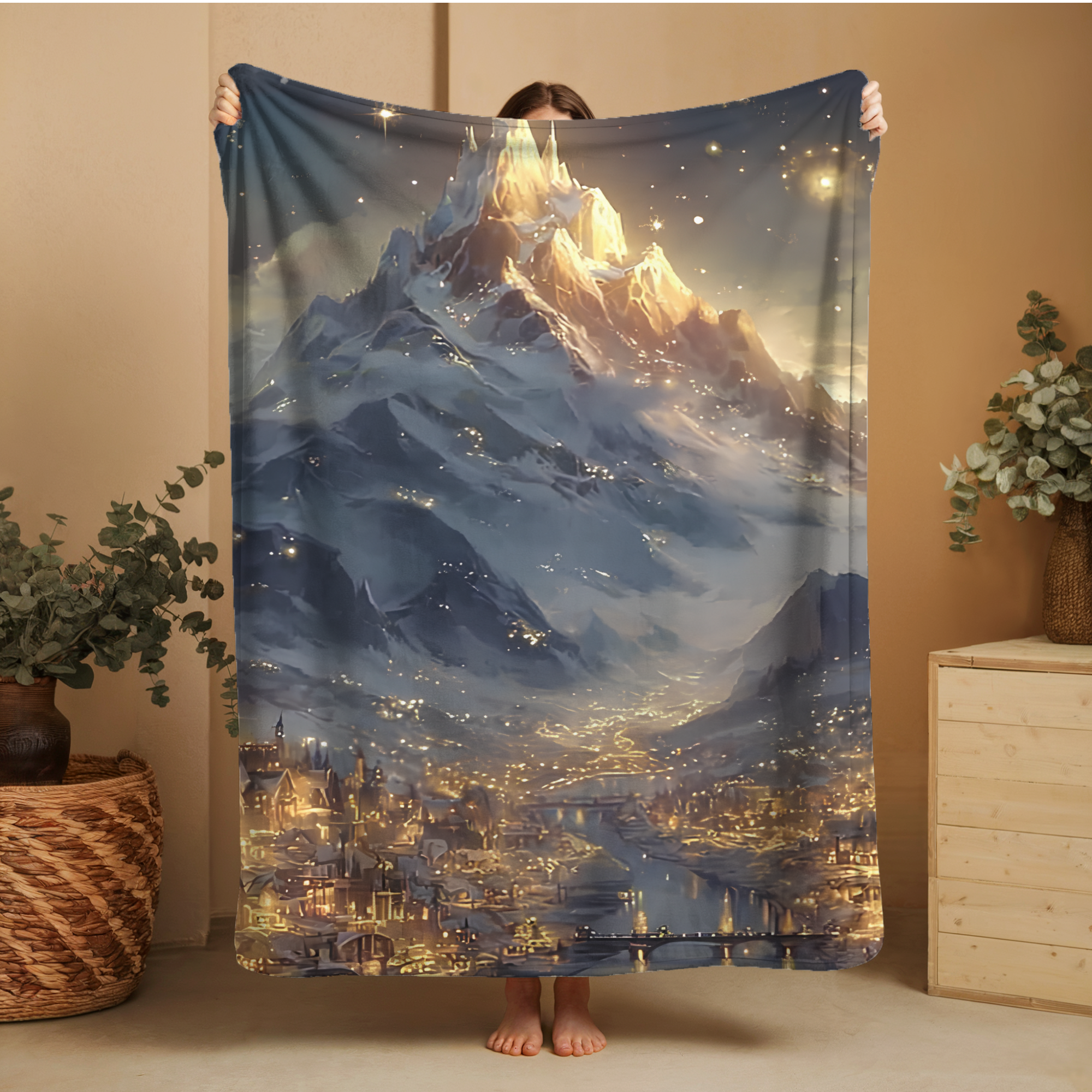 celestial mountain city glowing under starlit sky fleece blanket,
cozy fantasy blanket with luminous mountain lights and river,