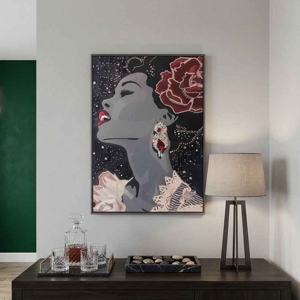 minimalist yet bold Black icon portrait on canvas, Harlem Renaissance inspired modern jazz decor art piece, elegant portrait canvas gift for jazz enthusiast woman