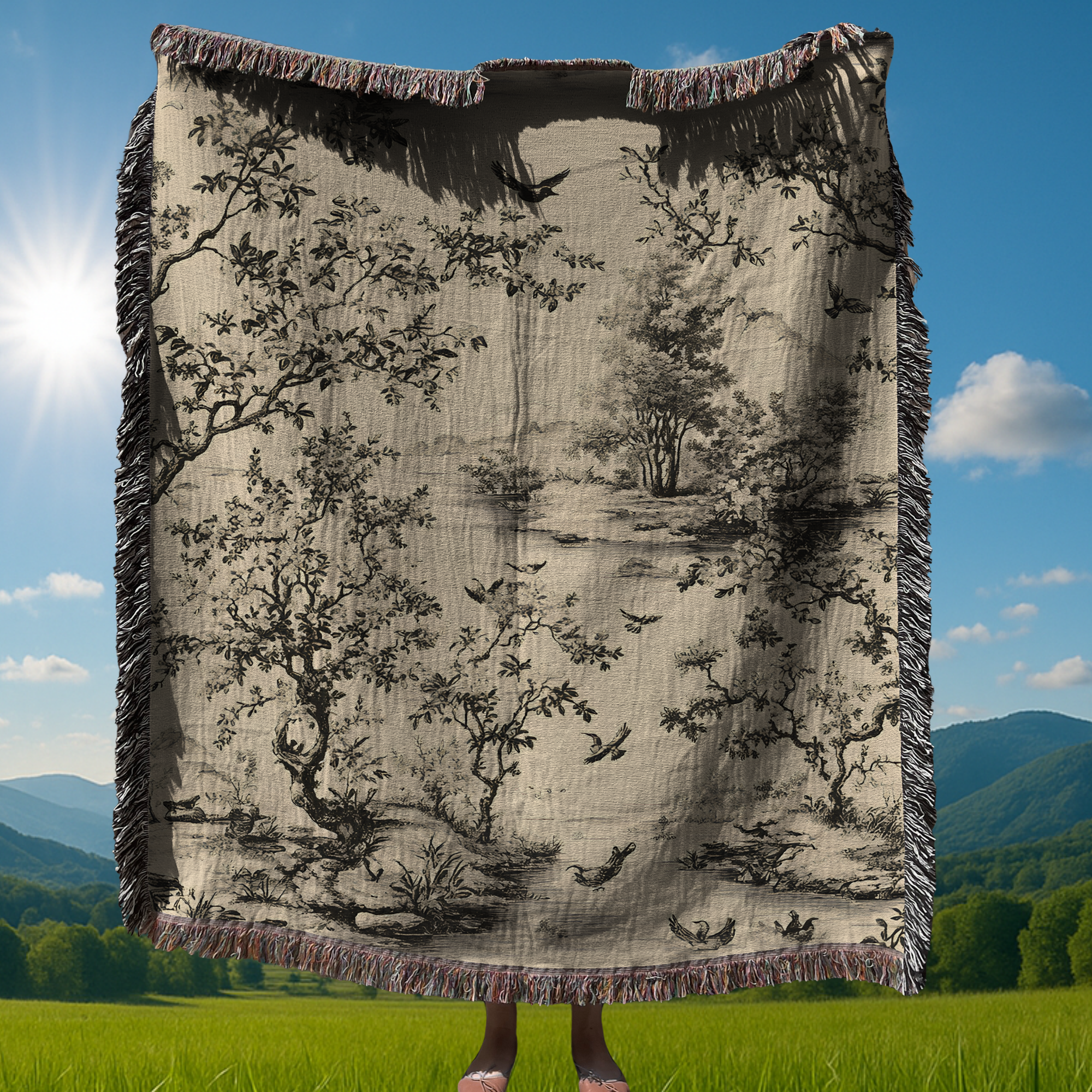 Vintage Toile Black White Woven Blanket | French Country Scenic Nature Throw | Rustic Cottagecore Decor