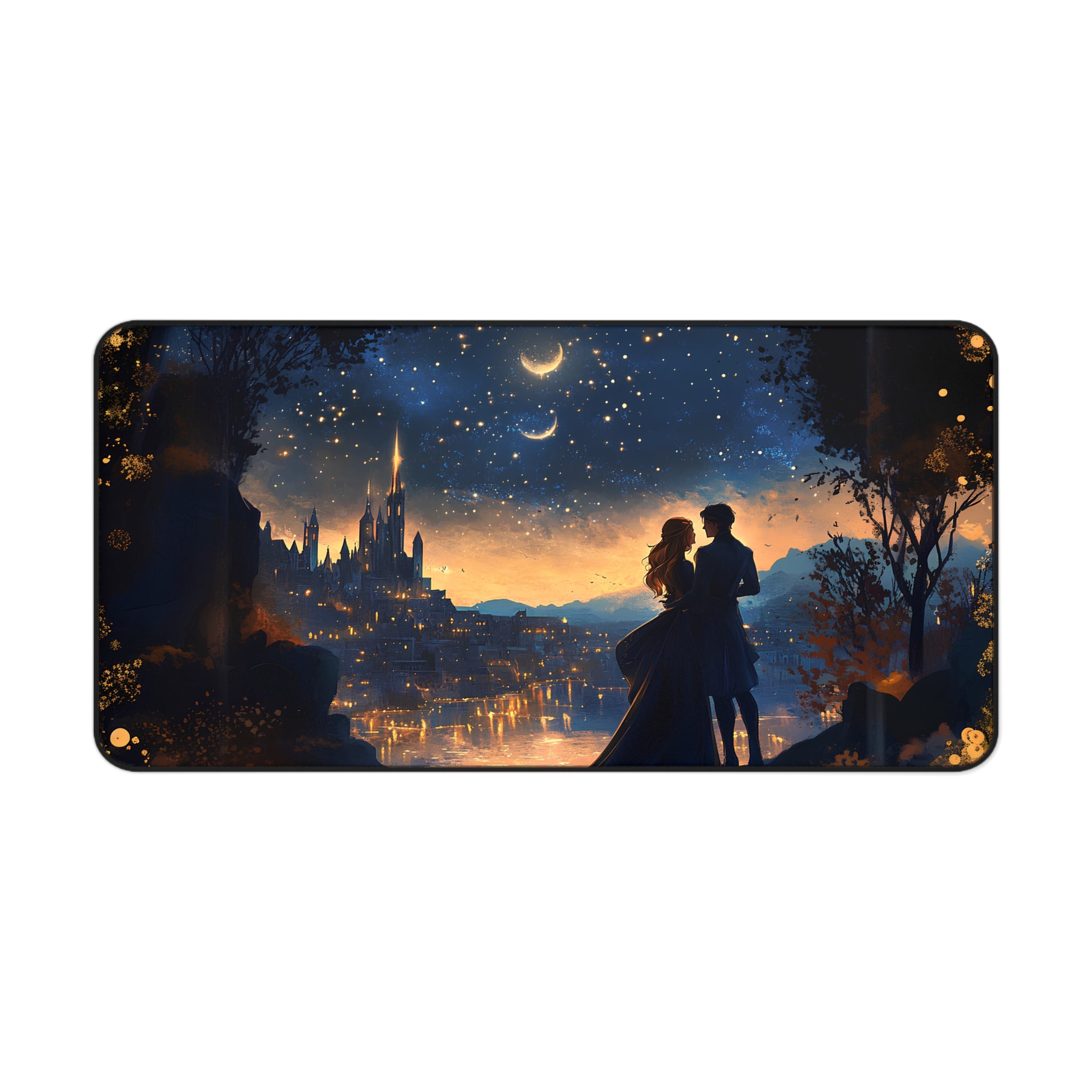 Fantasy city skyline desk mat with romantic couple silhouette