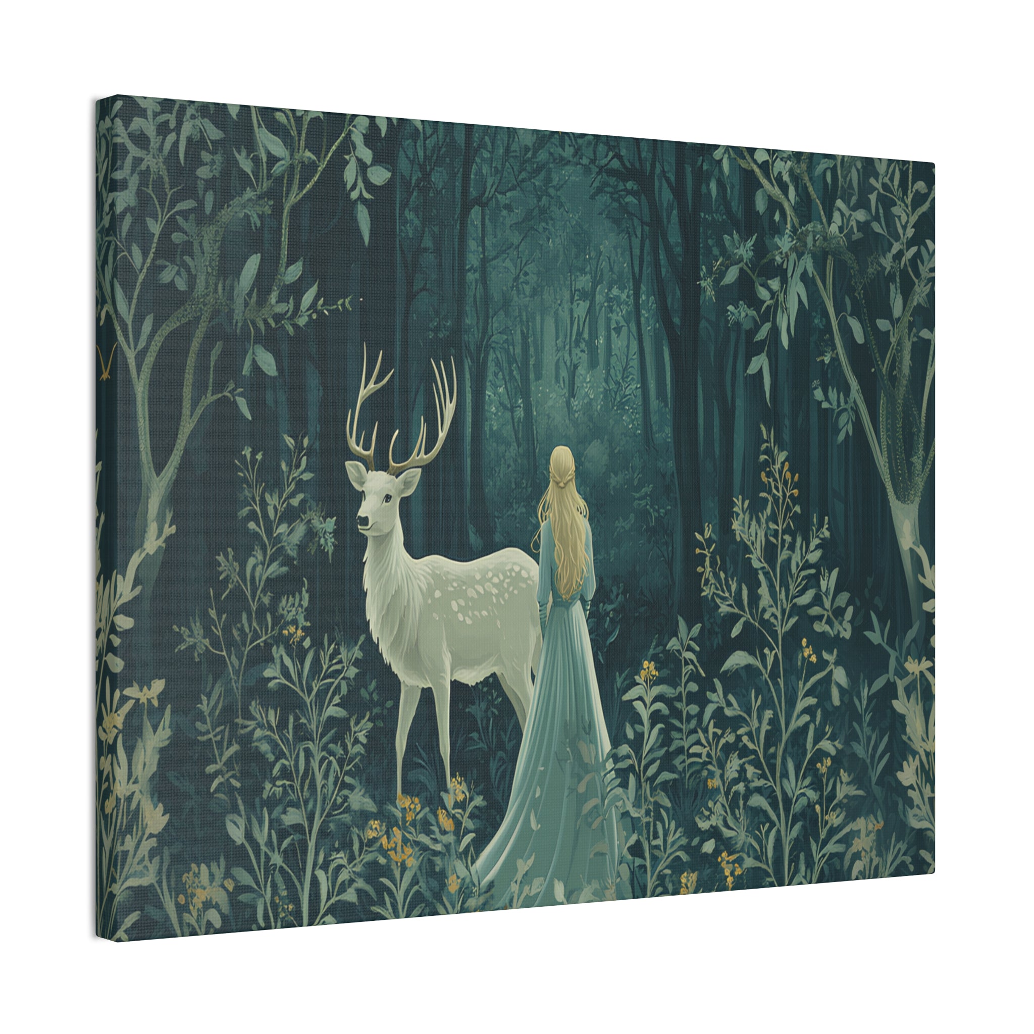 Enchanted Forest Stag & Maiden Canvas Wall Art Mystical Woodland Nature Lover Home Décor