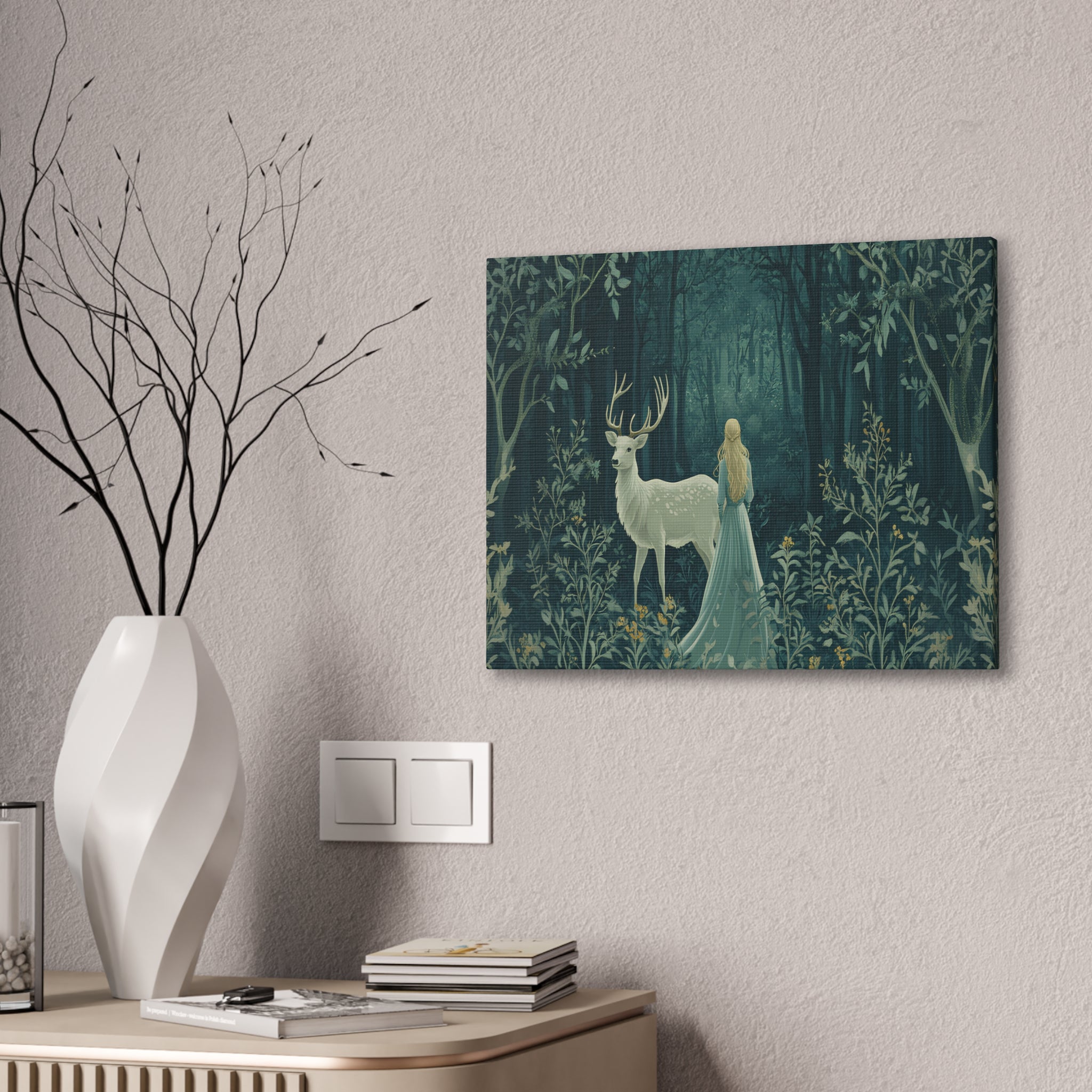 Enchanted Forest Stag & Maiden Canvas Wall Art Mystical Woodland Nature Lover Home Décor