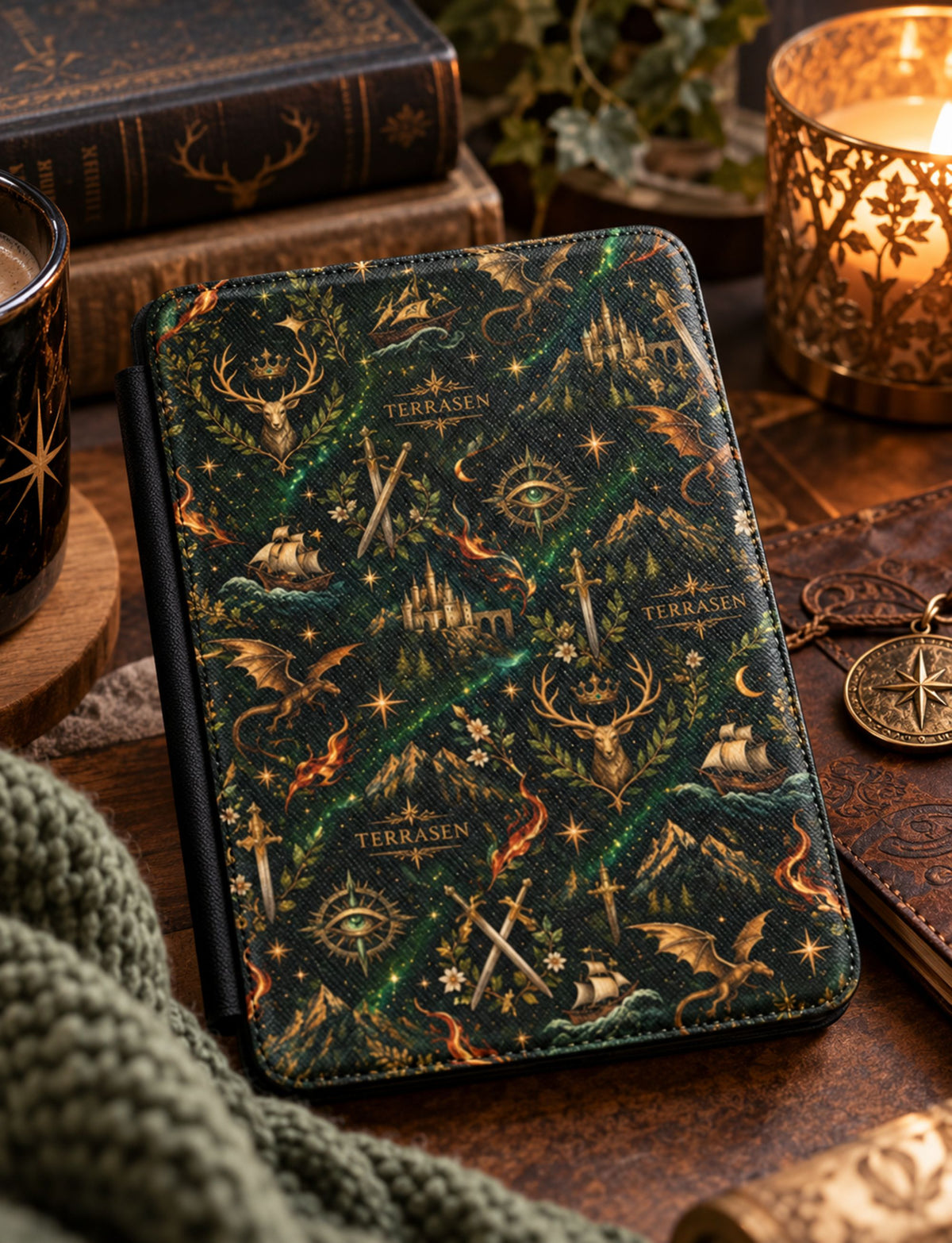 Terrasen Kindle Case Dark Green Fantasy E-reader Cover