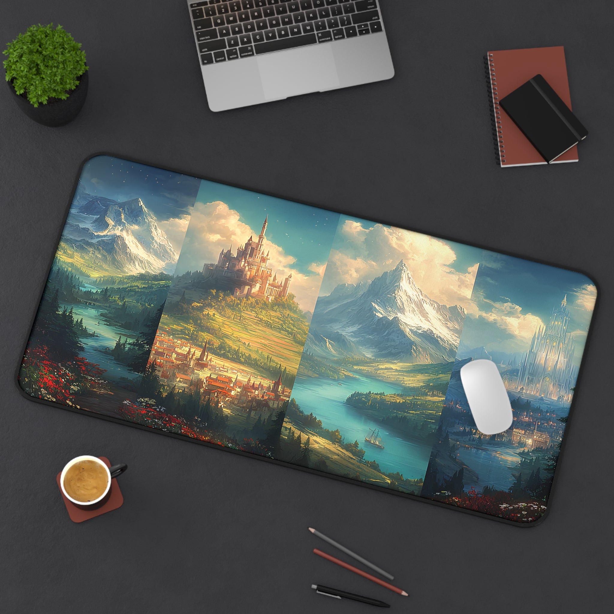 bookish castle landscape mouse pad gift idea, fantasy aesthetic desk mat for cozy setups