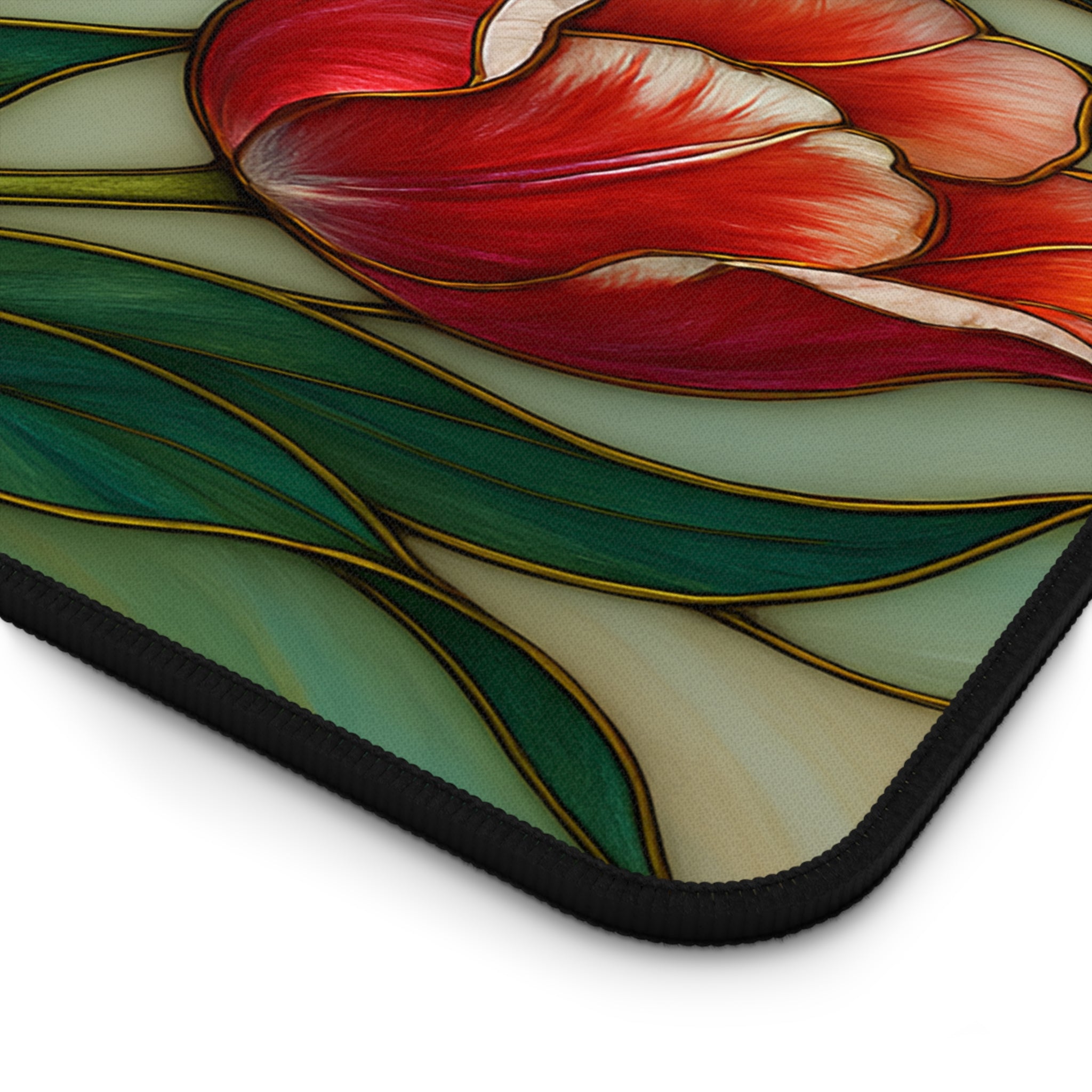 Wildflower Desk Mat Mousepad | Faux Stained Glass Tulip Floral Office Decor, Large Gaming Mouse Pad