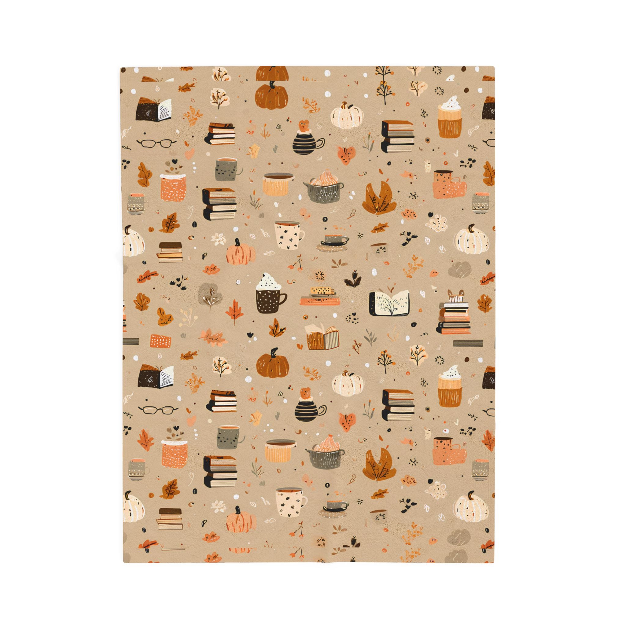Cozy Velveteen Fall Blanket with Pumpkins Coffee Books Cottagecore Neutral Plush Throw