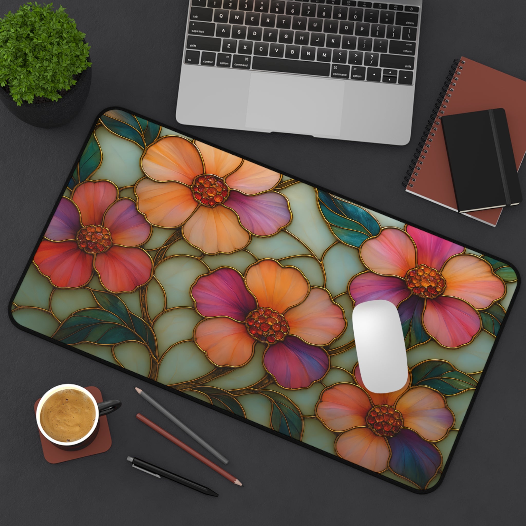 Wildflower Desk Mat Mousepad | Faux Stained Glass Floral Office Decor | Large Artistic Gaming Pad