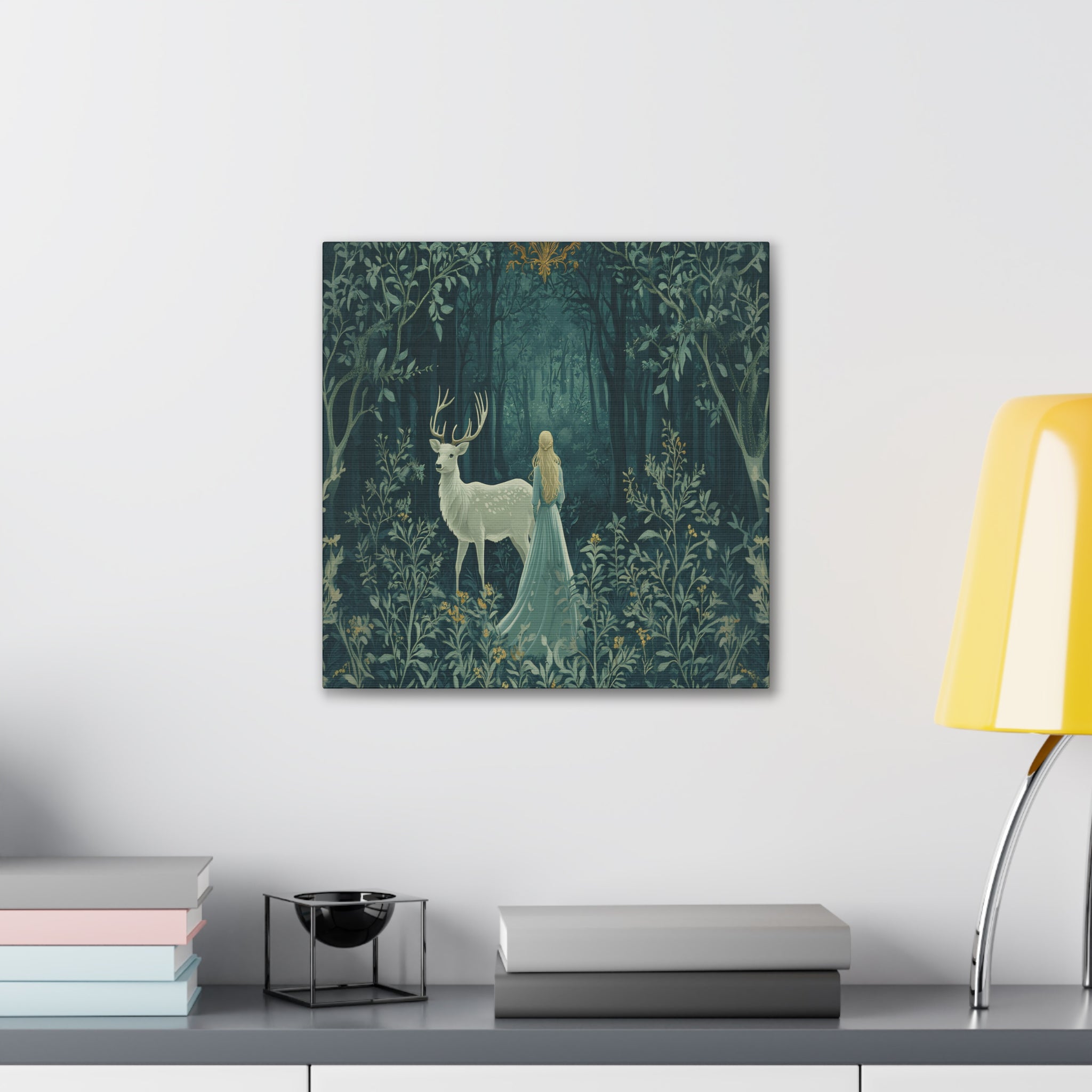 Enchanted Forest Stag & Maiden Canvas Wall Art Mystical Woodland Nature Lover Home Décor