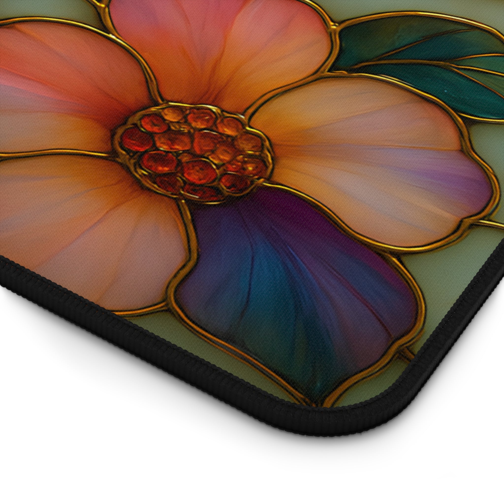 Wildflower Desk Mat Mousepad | Faux Stained Glass Floral Office Decor | Large Artistic Gaming Pad
