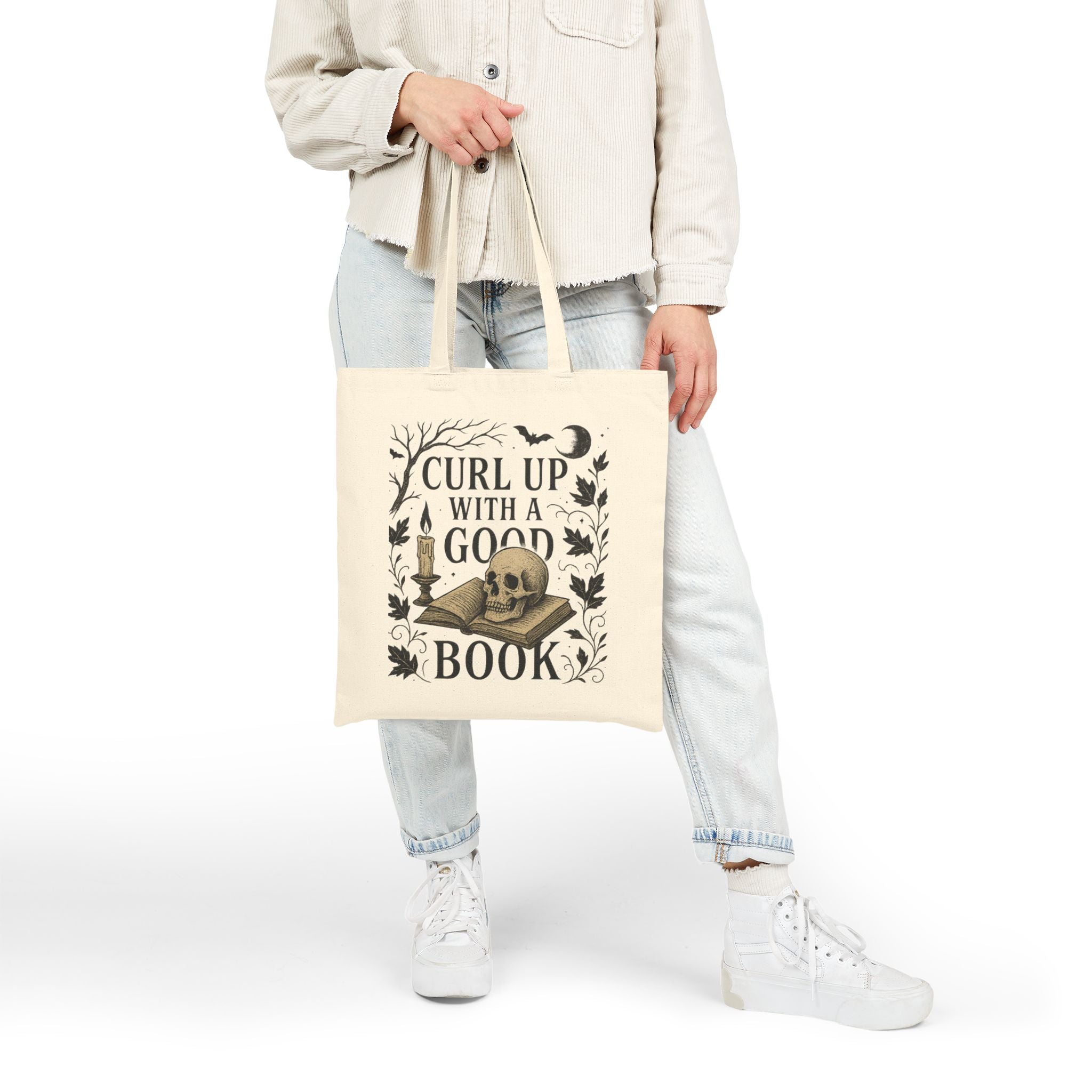 Vintage Gothic Book Lover Tote Bag – Skull & Candle Cotton Canvas Bag for Readers, Library & Gifts