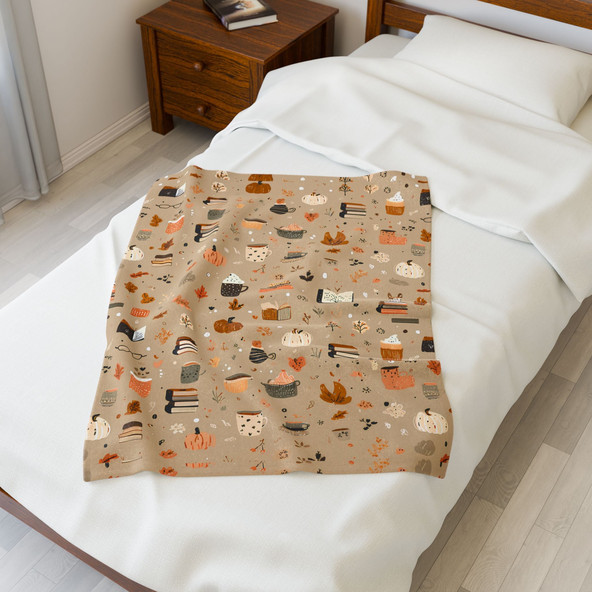 Cozy Velveteen Fall Blanket with Pumpkins Coffee Books Cottagecore Neutral Plush Throw