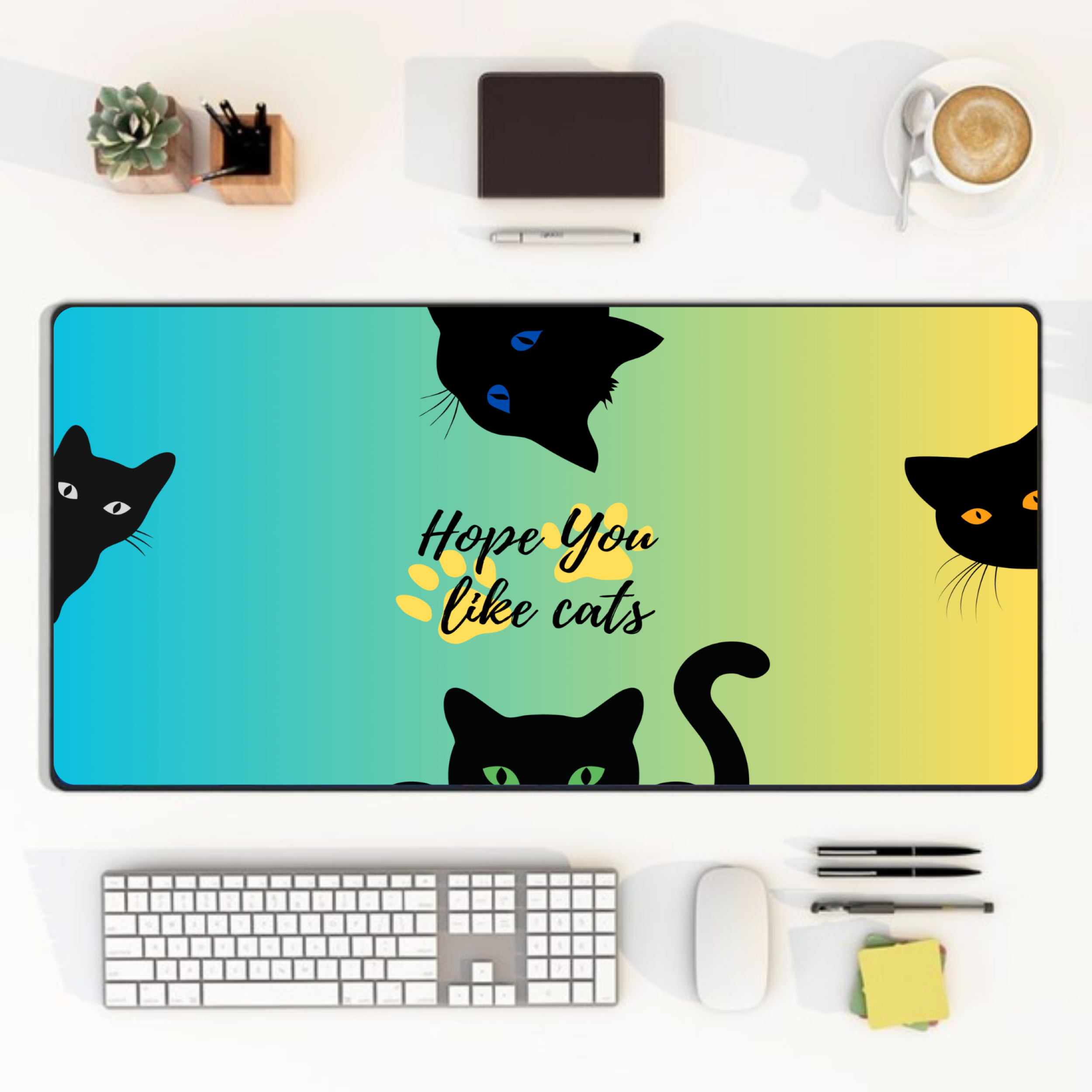 gradient cat desk mat with colorful background and black cat design