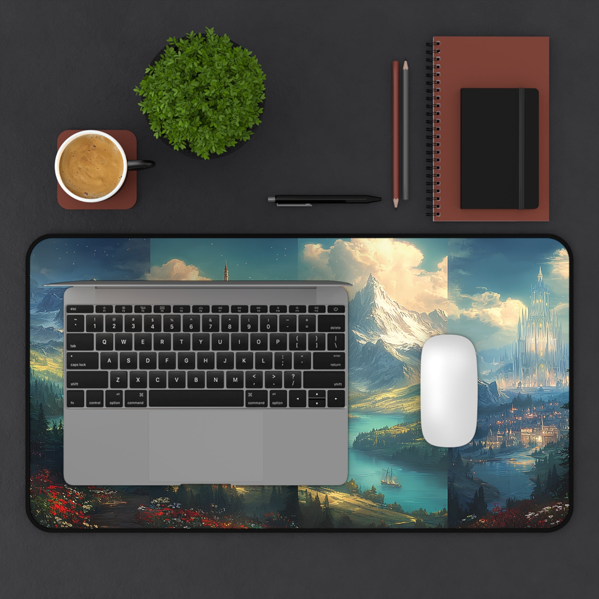 castle gaming desk mat for book lovers, fantasy landscape office desk accessory