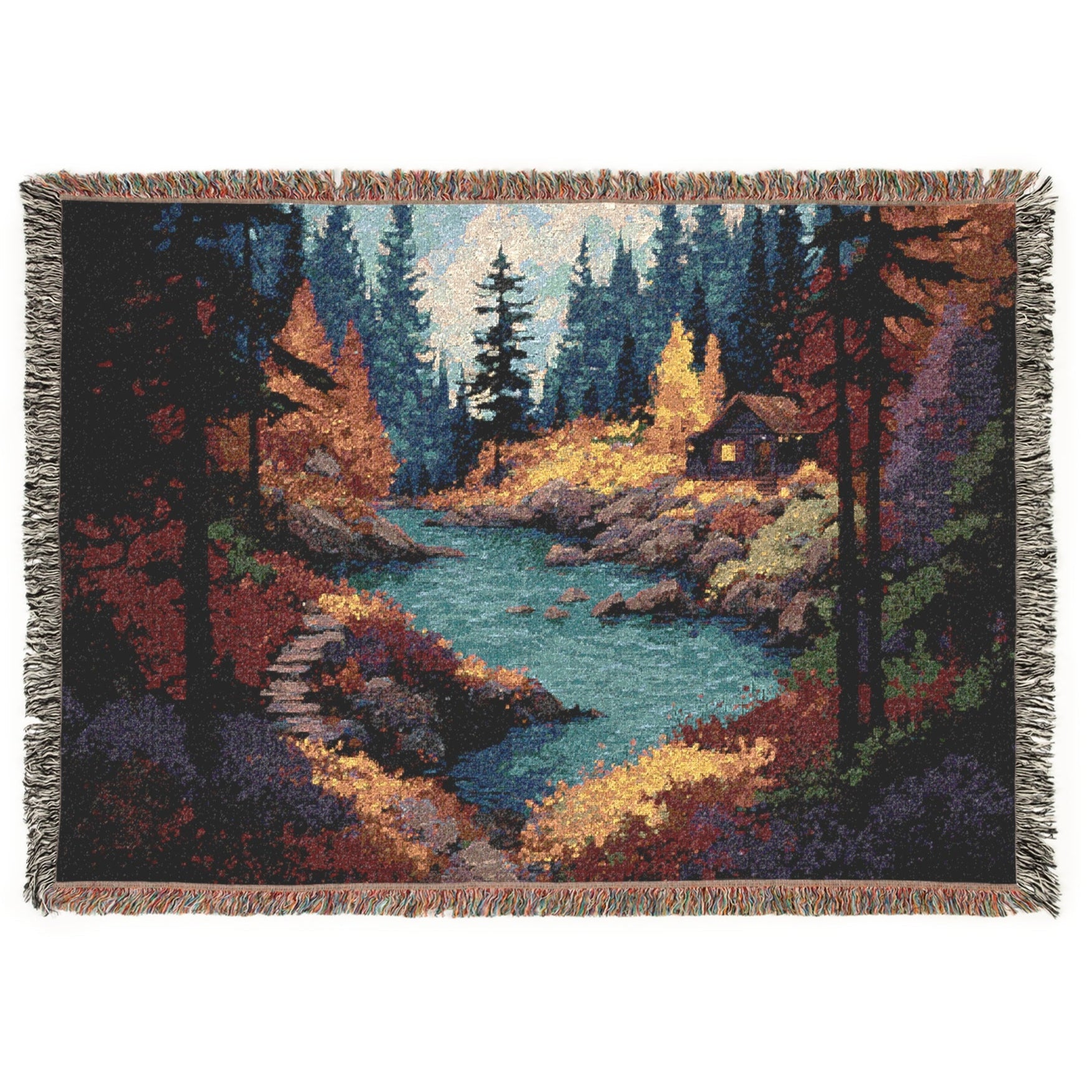 lodge decor blanket with colorful trees and river, artisan woven blanket with rustic cabin art, rustic lodge tapestry throw for fall home