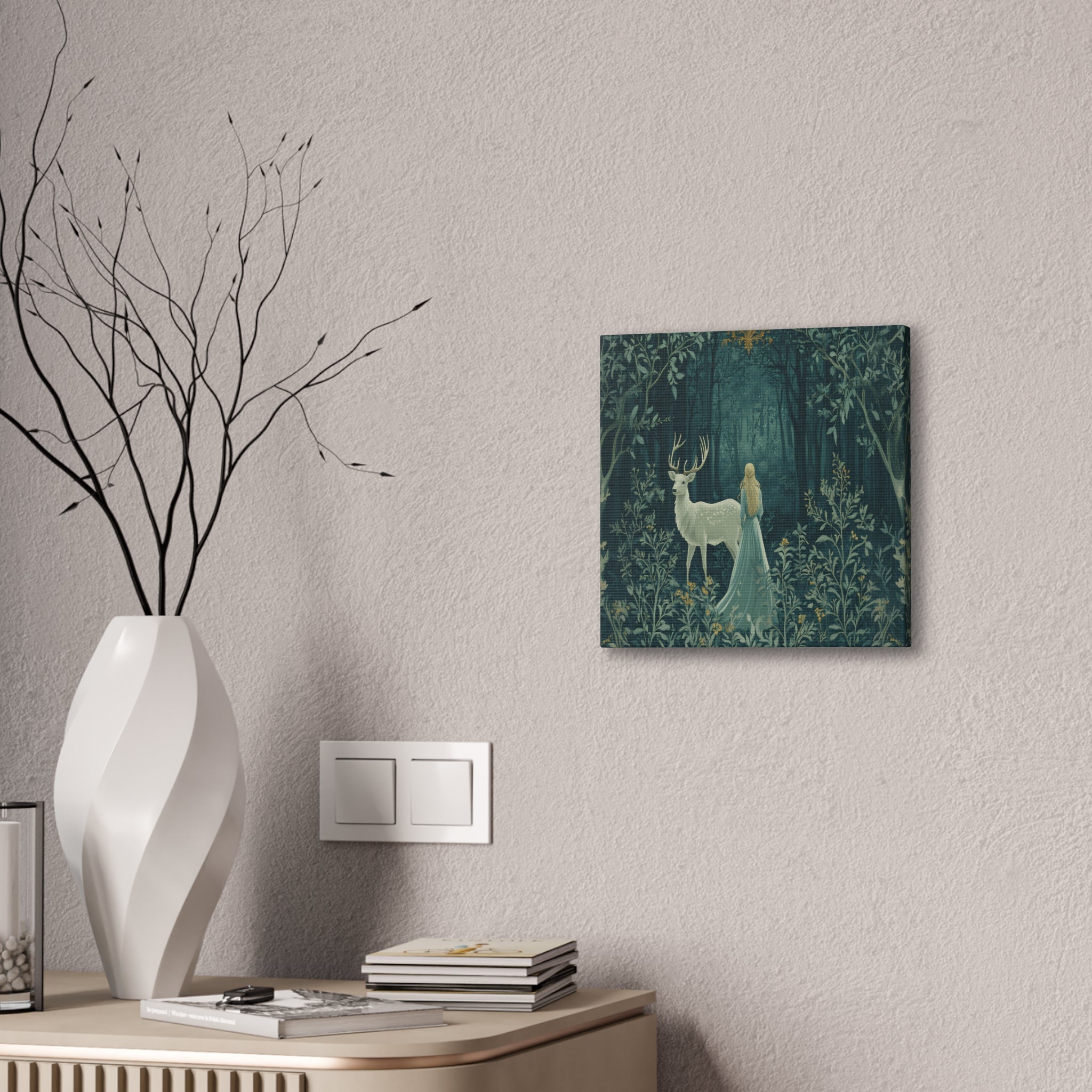 Enchanted Forest Stag & Maiden Canvas Wall Art Mystical Woodland Nature Lover Home Décor