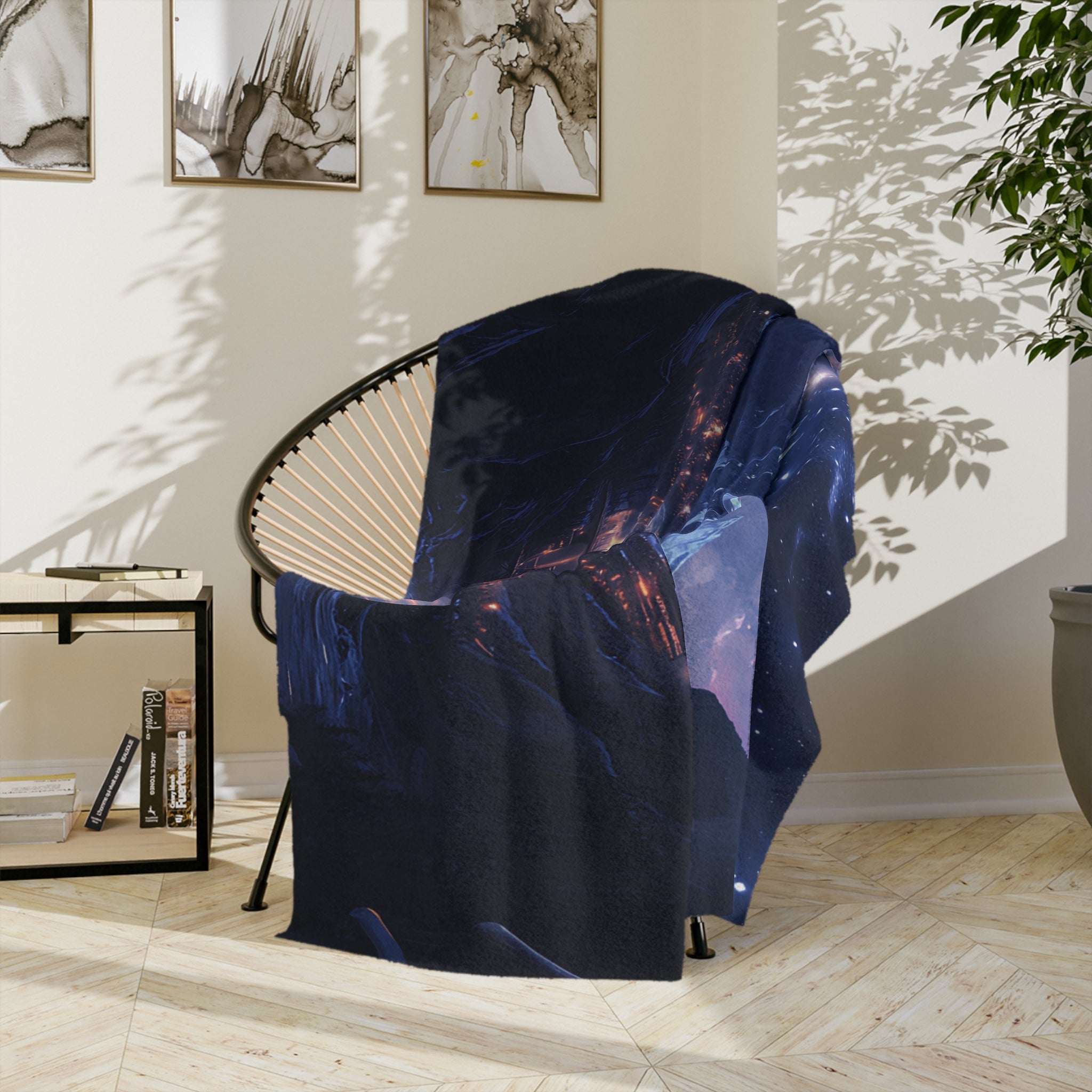 Soft fleece fantasy blanket for cozy cabin or apartment décor
Starry mountain blanket spread across bed with fairy lights