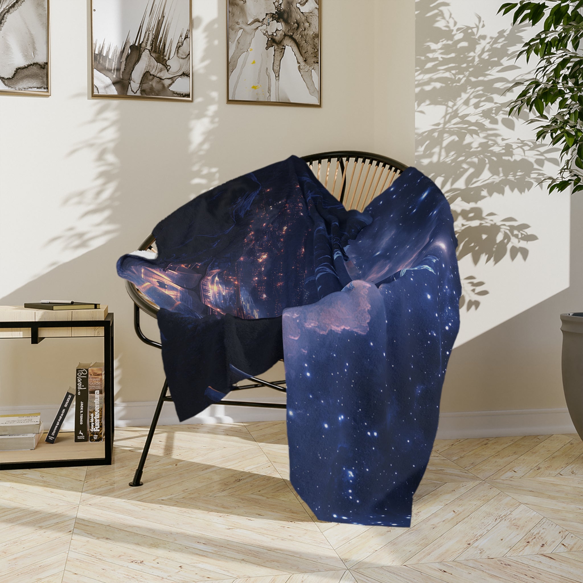 Starry night home décor blanket folded neatly on a couch
Soft galaxy-inspired blanket for bedroom or reading space