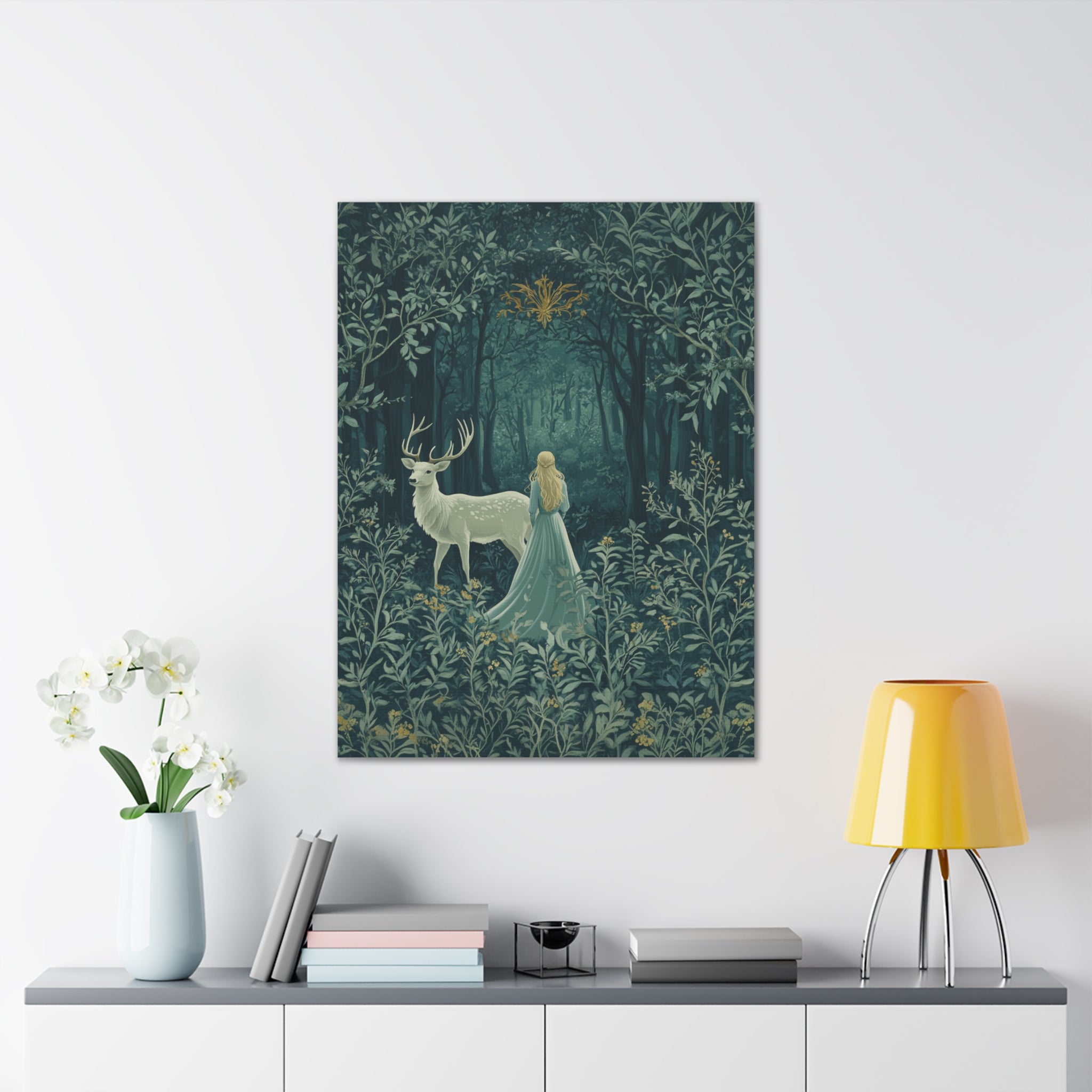 Enchanted Forest Stag & Maiden Canvas Wall Art Mystical Woodland Nature Lover Home Décor