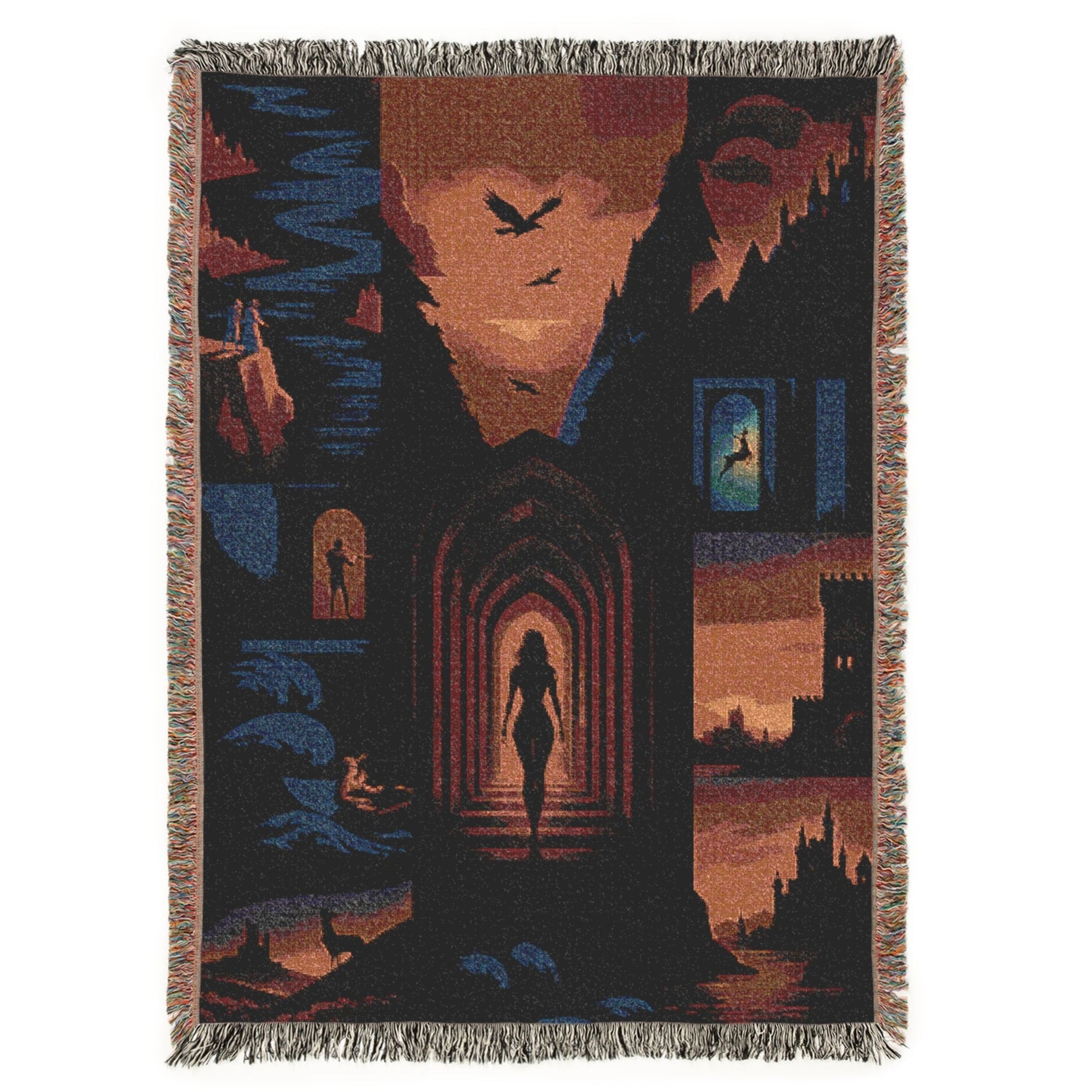 Dark academia style woven blanket with fringe trim on a leather sofa