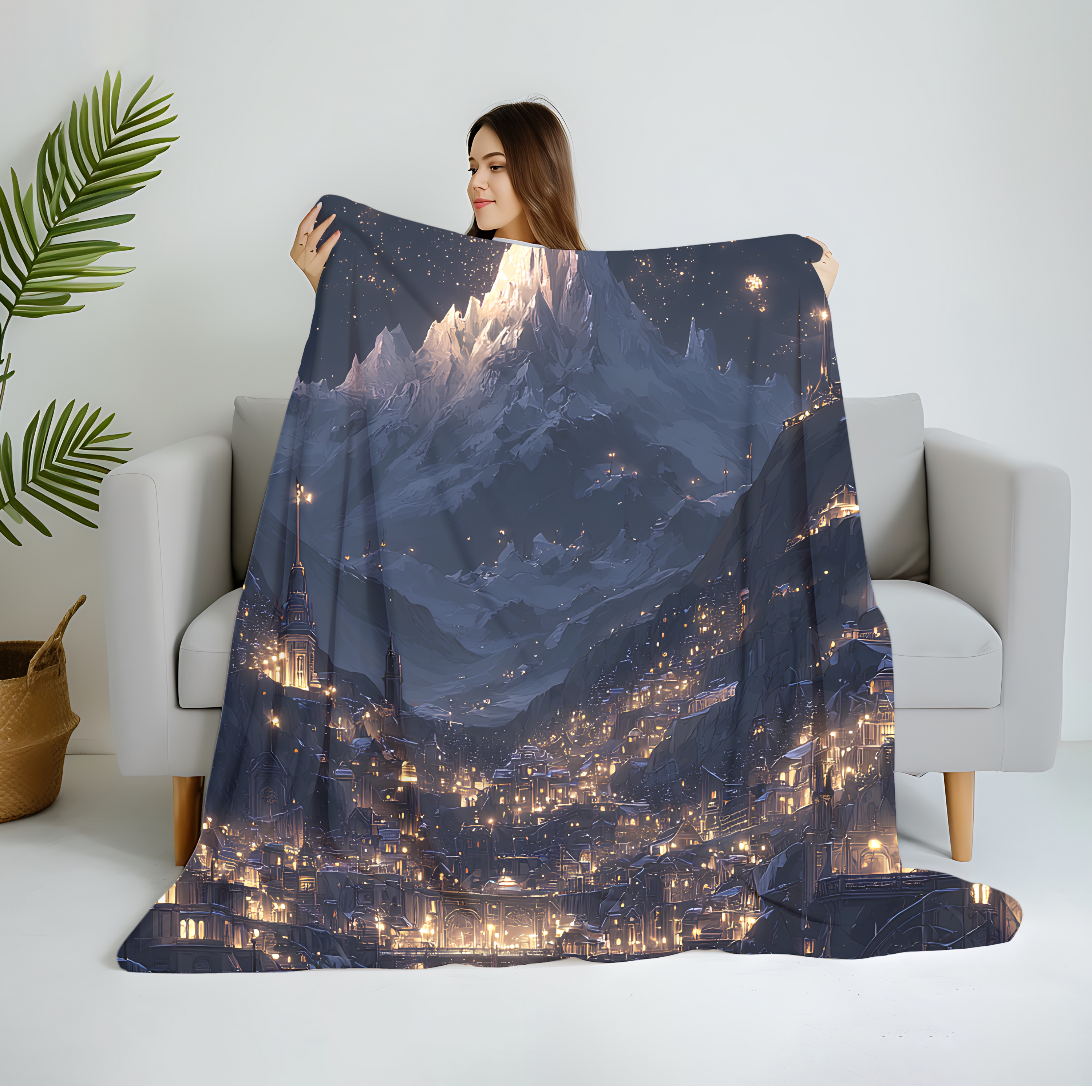 soft galaxy themed blanket with mountain under glowing stars, fantasy nightscape fleece blanket for book lover’s nook