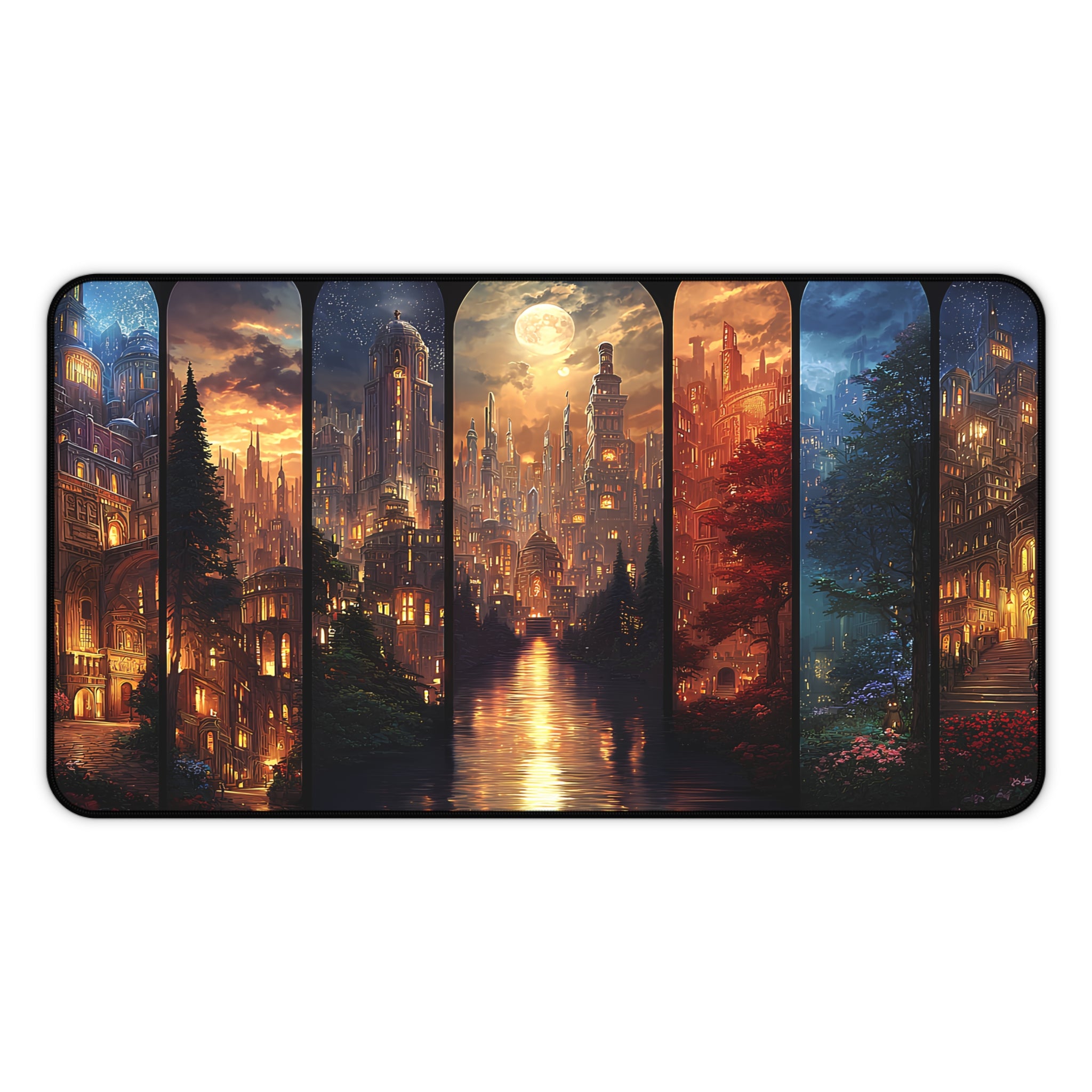 fantasy nightscape desk mat with glowing moon, Crescent City cityscape desk mat for laptops, magical fantasy mouse pad for cozy readers