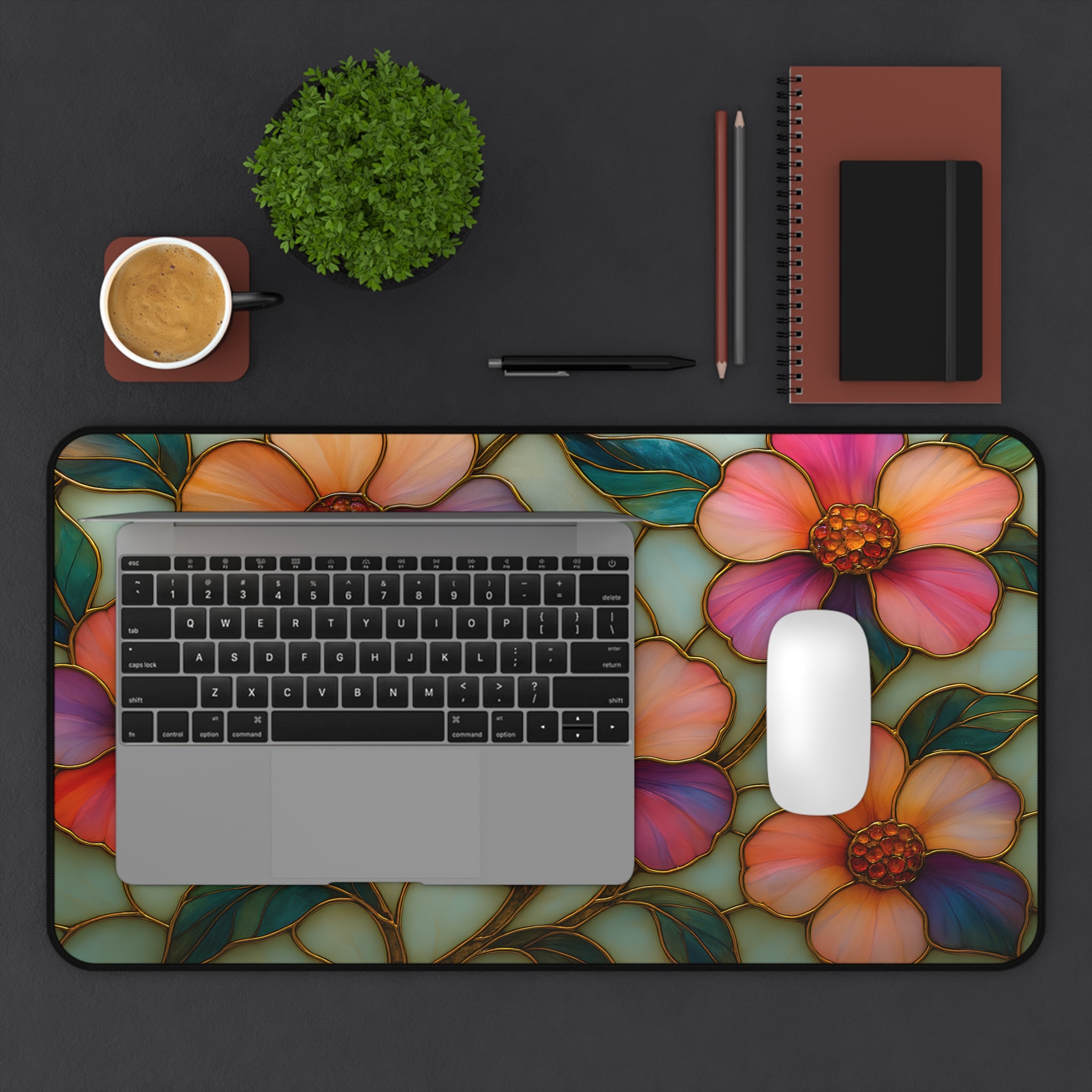 Wildflower Desk Mat Mousepad | Faux Stained Glass Floral Office Decor | Large Artistic Gaming Pad