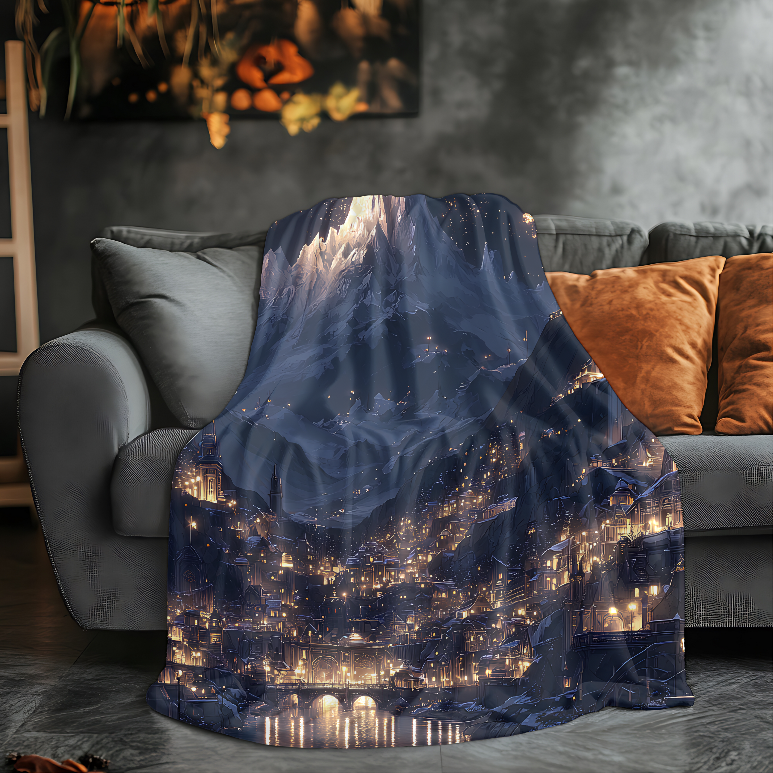 celestial art blanket folded neatly on cozy armchair, magical mountain cityscape blanket for dreamy home decor