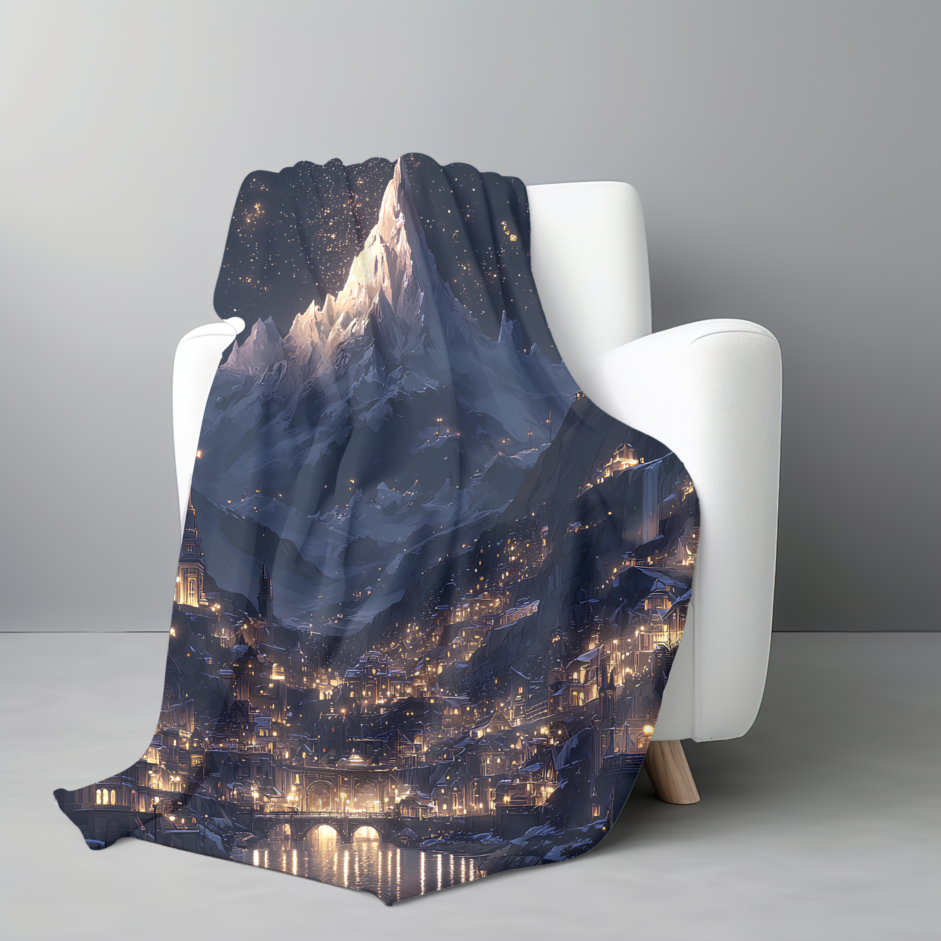 starry sky blanket perfect for cozy winter evenings, luminous city of starlight inspired throw blanket design, aesthetic mountain night blanket for book lovers decor