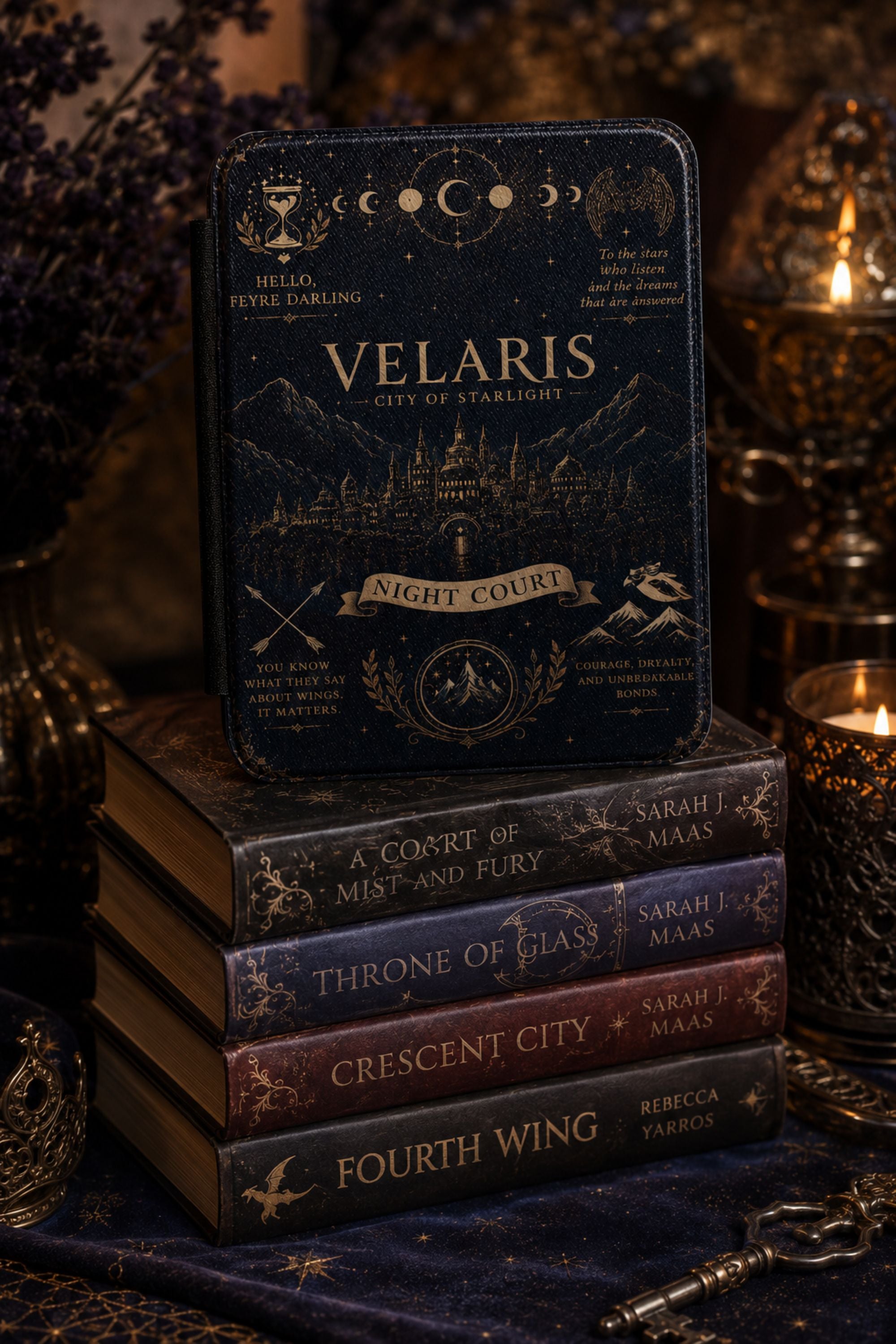 Velaris Night Court Kindle case stacked atop A Court of Mist and Fury and Fourth Wing novels