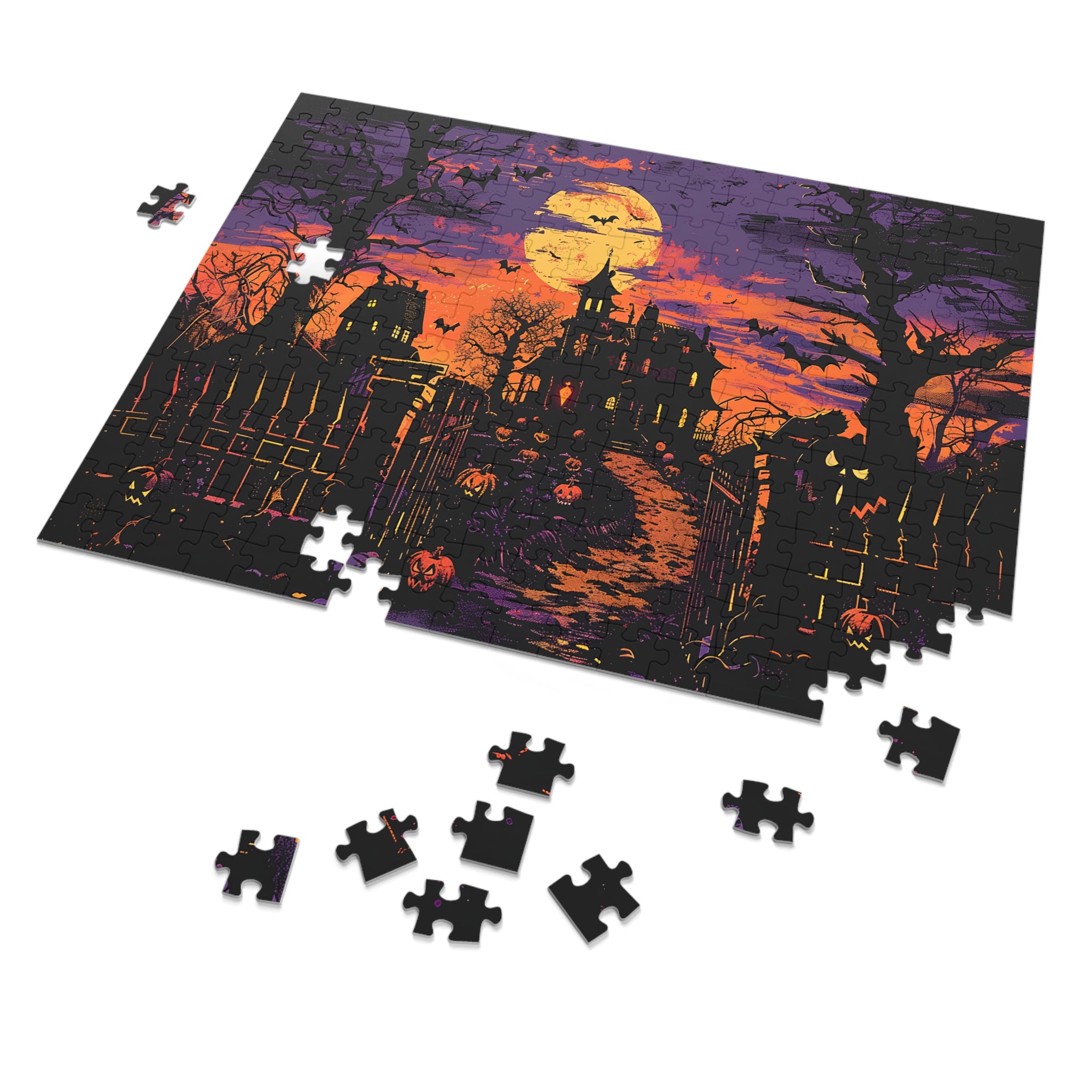 Haunted Mansion Halloween Jigsaw Puzzle Spooky Moonlit Gothic House with Pumpkins, Bats & Autumn Night