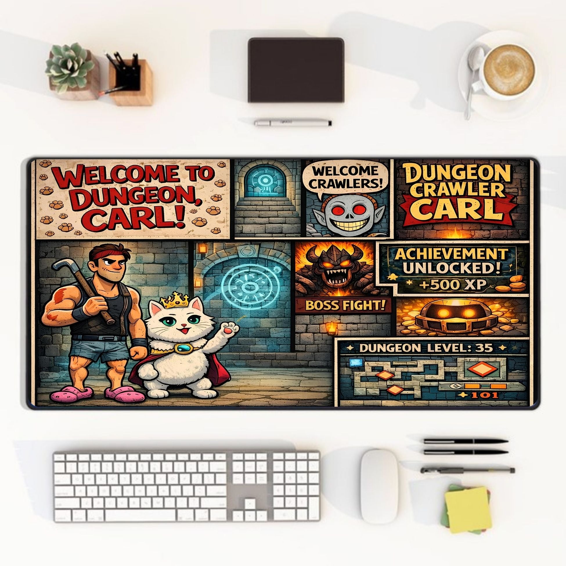 funny dungeon cat desk mat for gamers and streamers, fantasy cat mouse pad with rpg dungeon art, gamer desk mat with heroic cat character