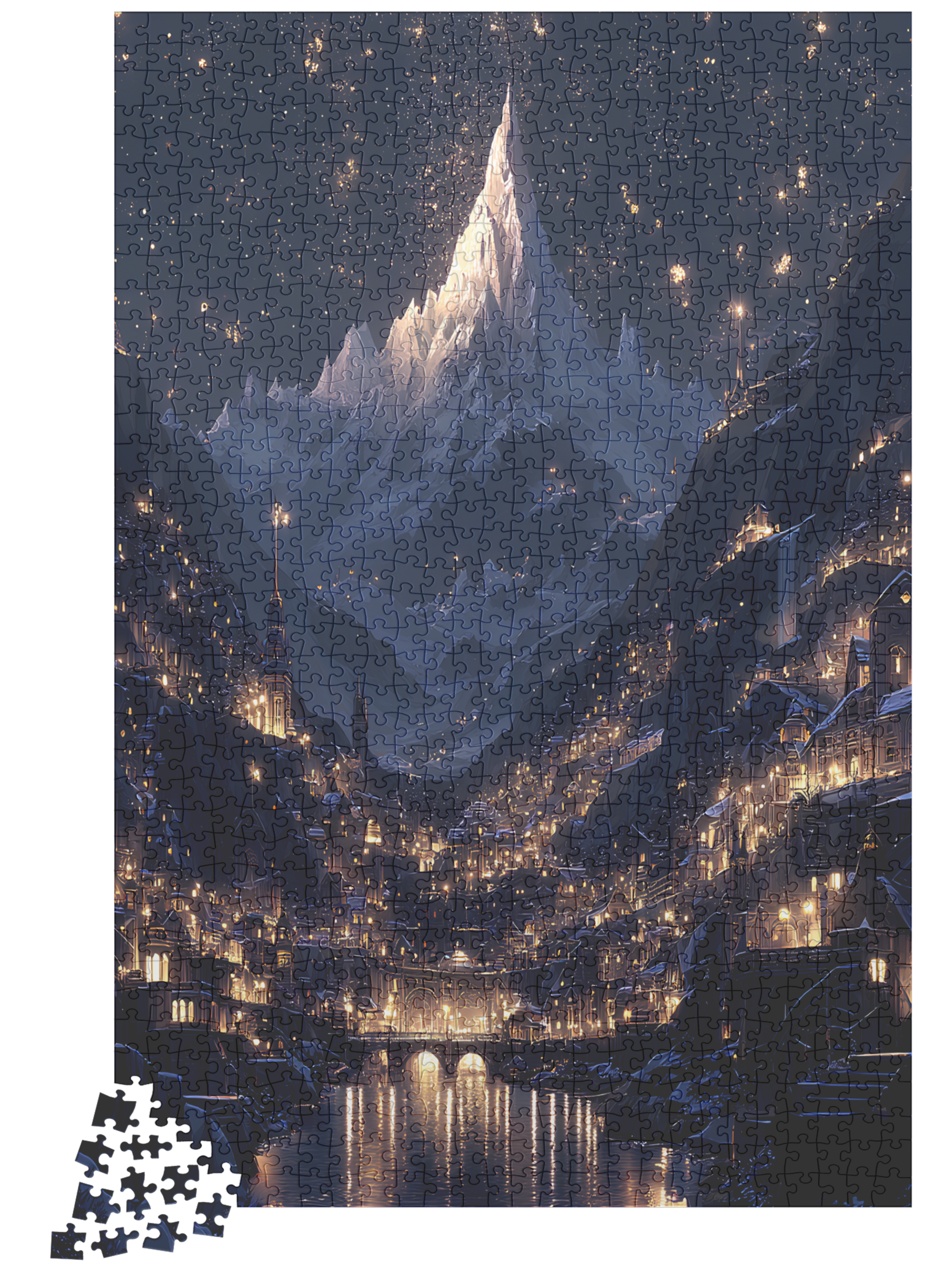 Fantasy Mountain Christmas Village Puzzle – Starry Night Snowy River Town Fairytale Jigsaw Gift