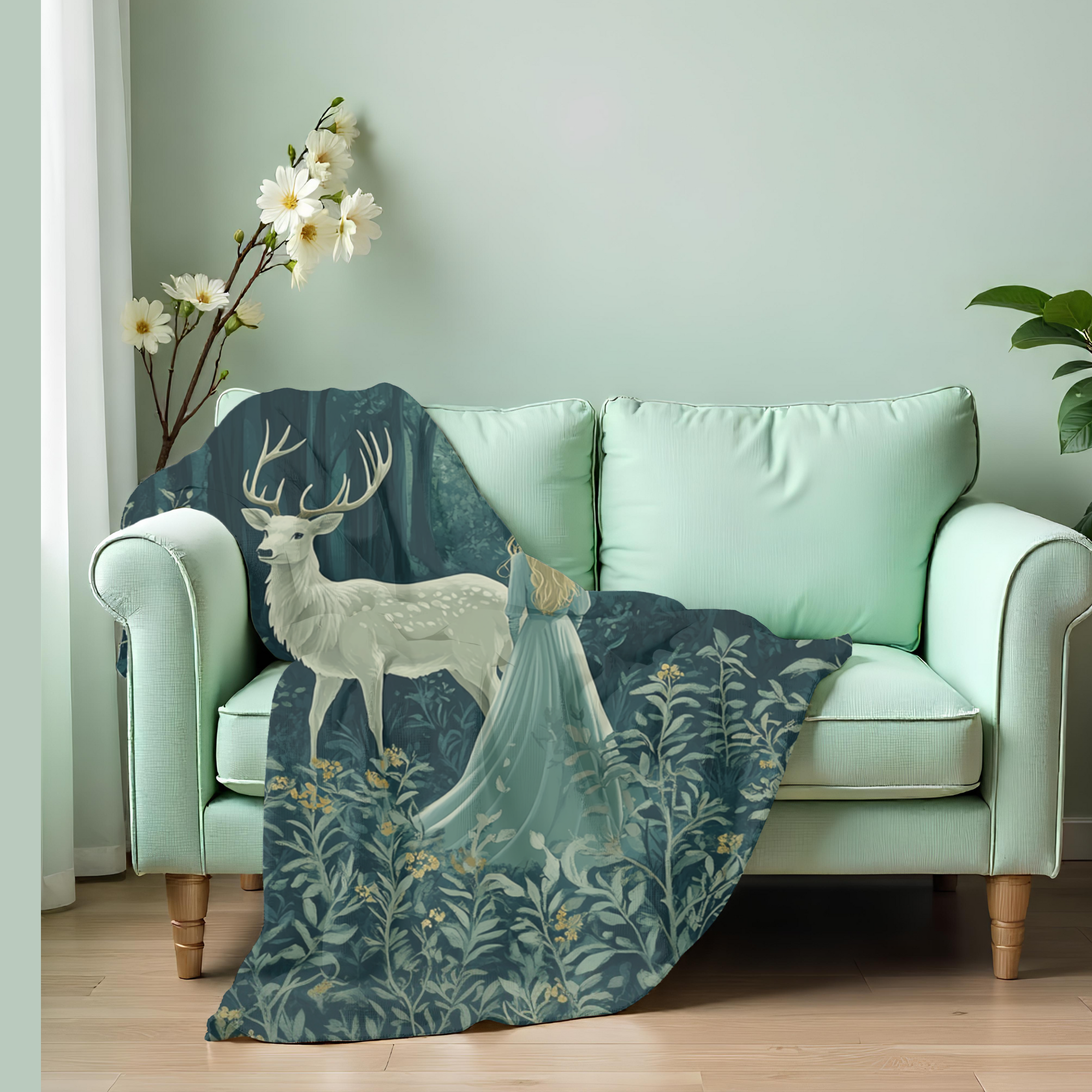 Fairytale blanket depicting a brave woman and deer in deep woods,
Fantasy woodland decor throw with glowing forest background,