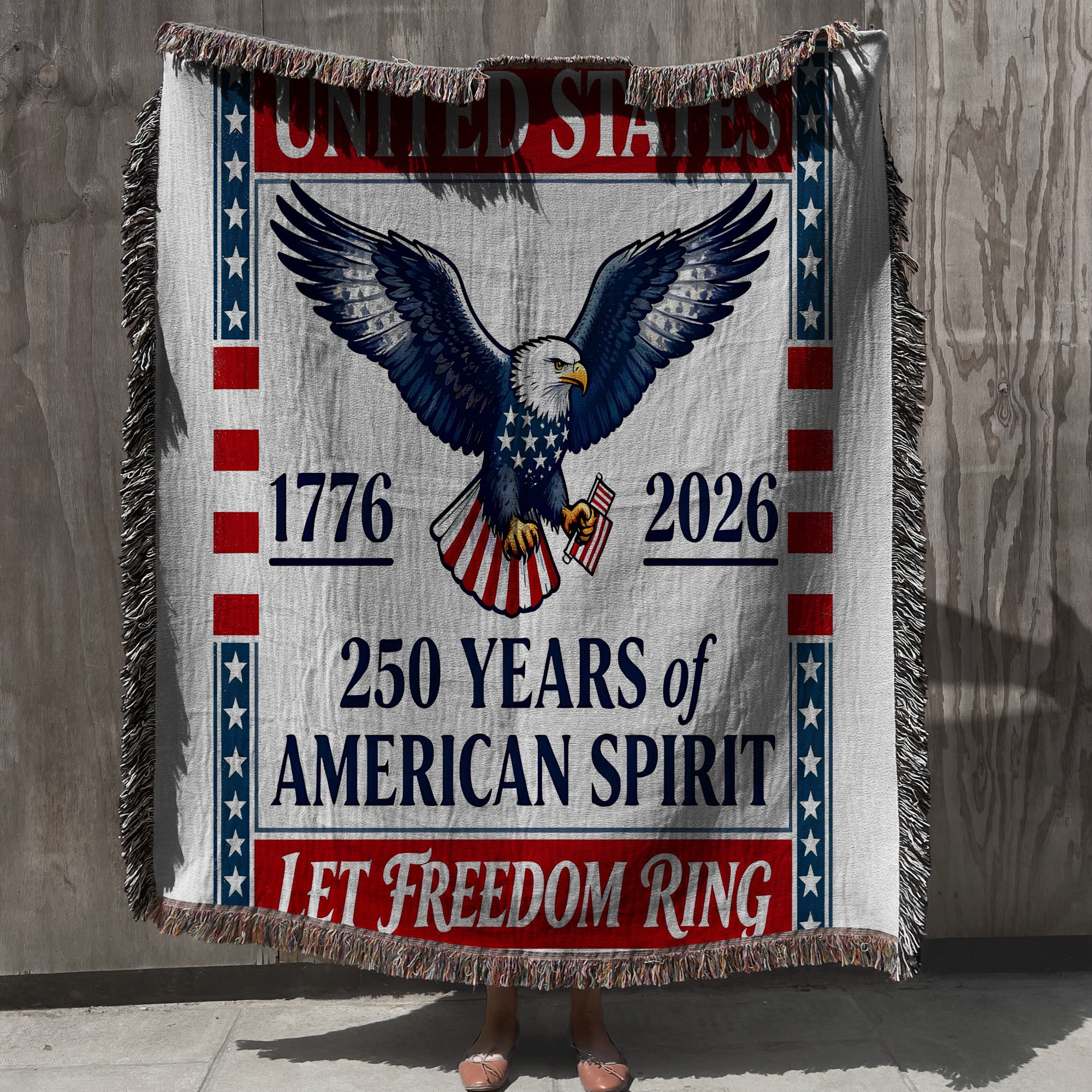 patriotic woven blanket with eagle design celebrating 250 years of American spirit, let freedom ring USA 250 woven blanket with red white and blue fringe