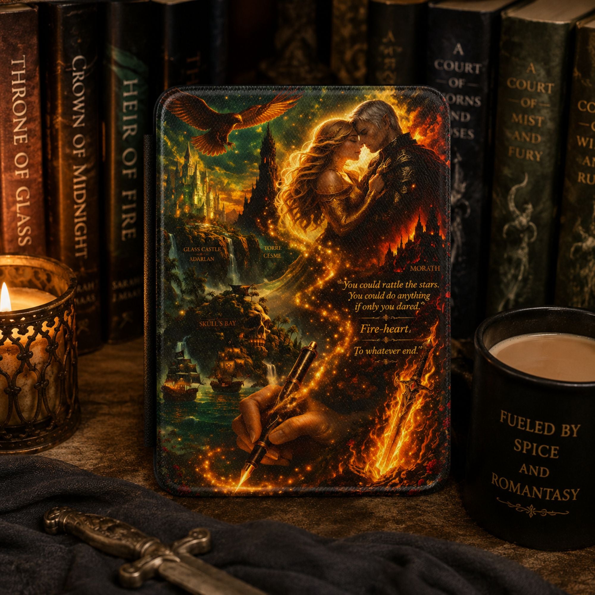 Gold and emerald fantasy map Kindle case with Aelin and Rowan embracing in firelight