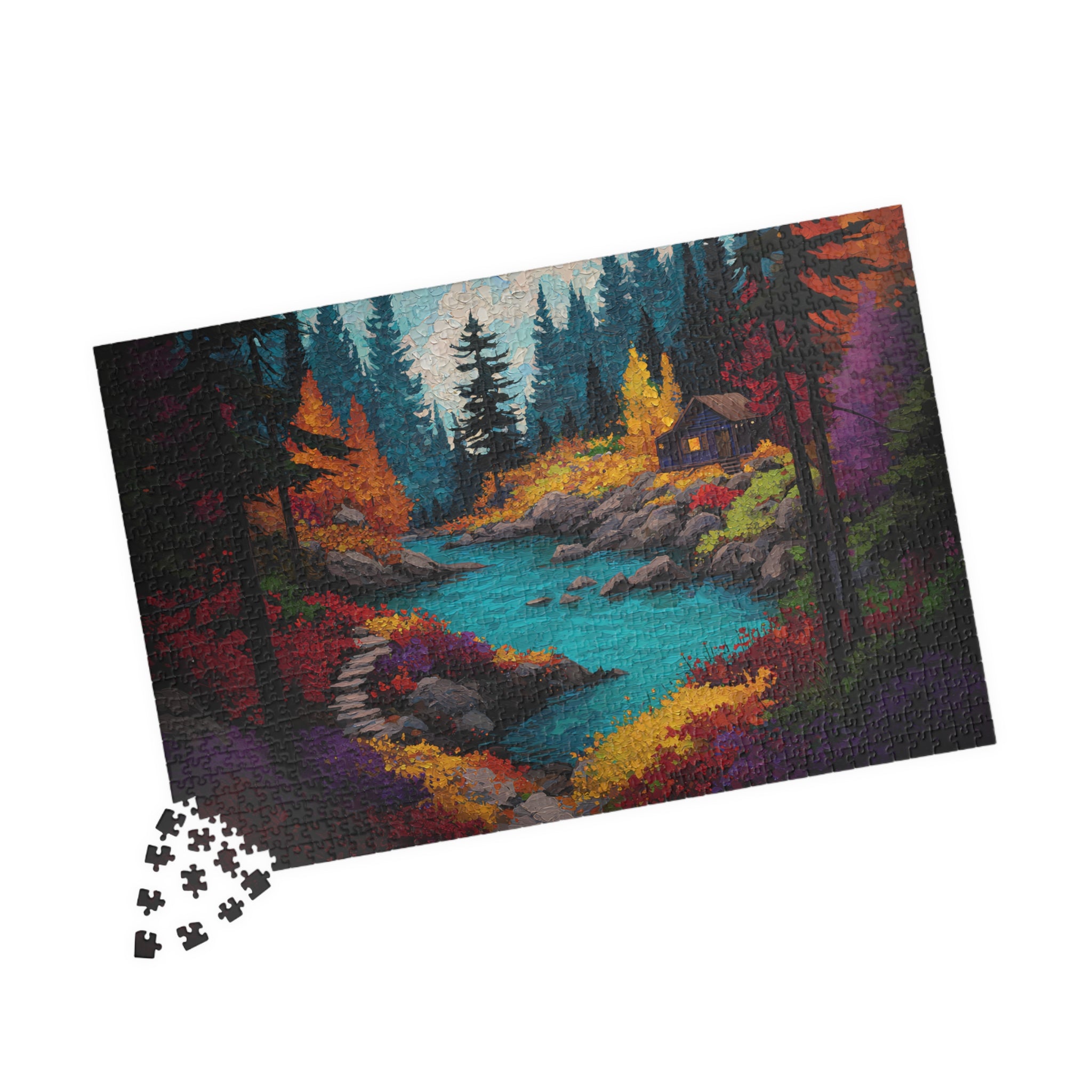 Autumn Cabin by the River Jigsaw Puzzle Cozy Fall Landscape Scene for Adults, Nature Retreat Gift