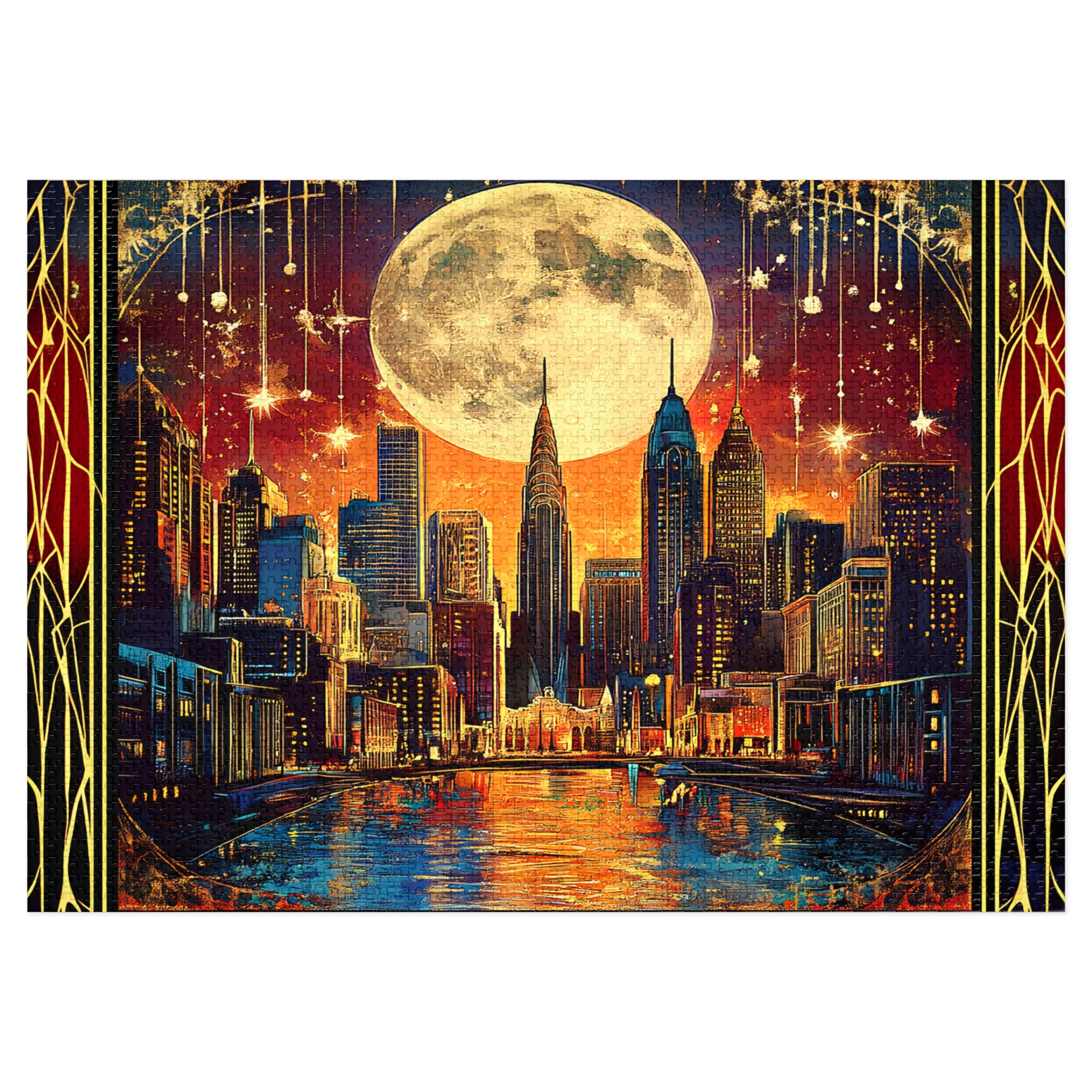Midnight City Skyline Jigsaw Puzzle – Art Deco New York Puzzle Gift for Adults, Moonlit Wall Decor