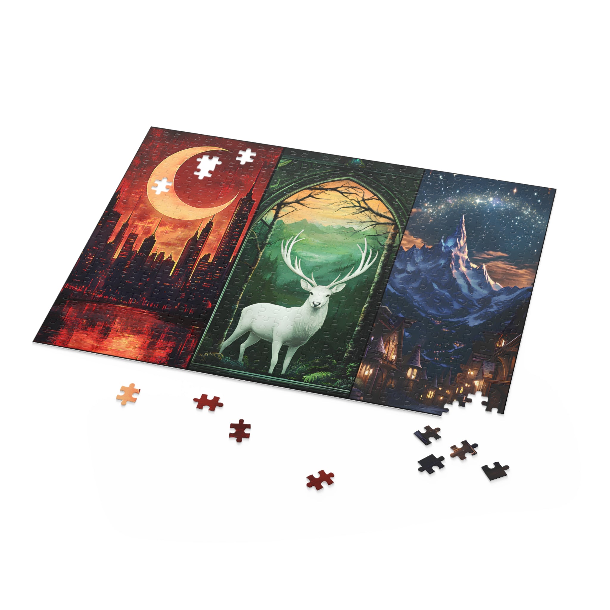 Fantasy Deer Moon Triptych Puzzle – Mystical 3 Panel Wall Art Jigsaw Gift for Her, Nature & Fantasy Decor