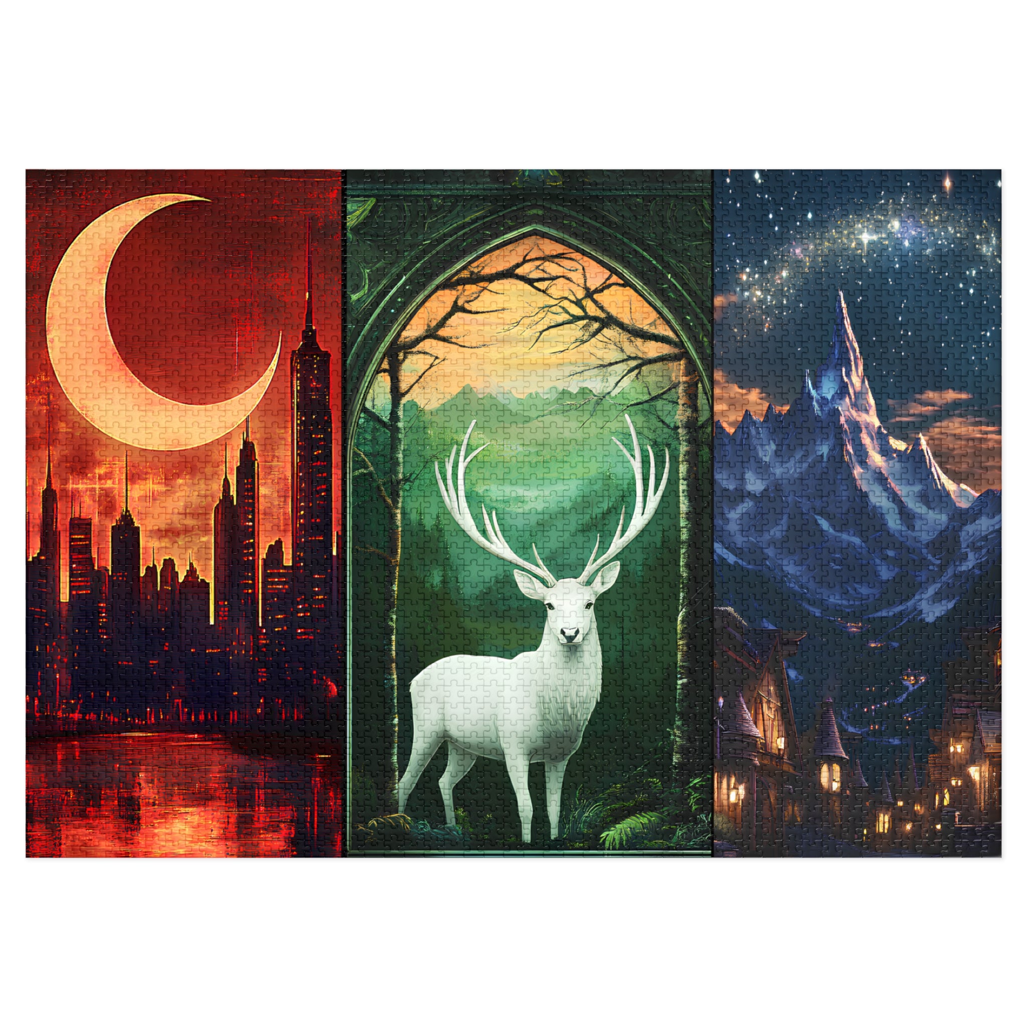 Fantasy Deer Moon Triptych Puzzle – Mystical 3 Panel Wall Art Jigsaw Gift for Her, Nature & Fantasy Decor
