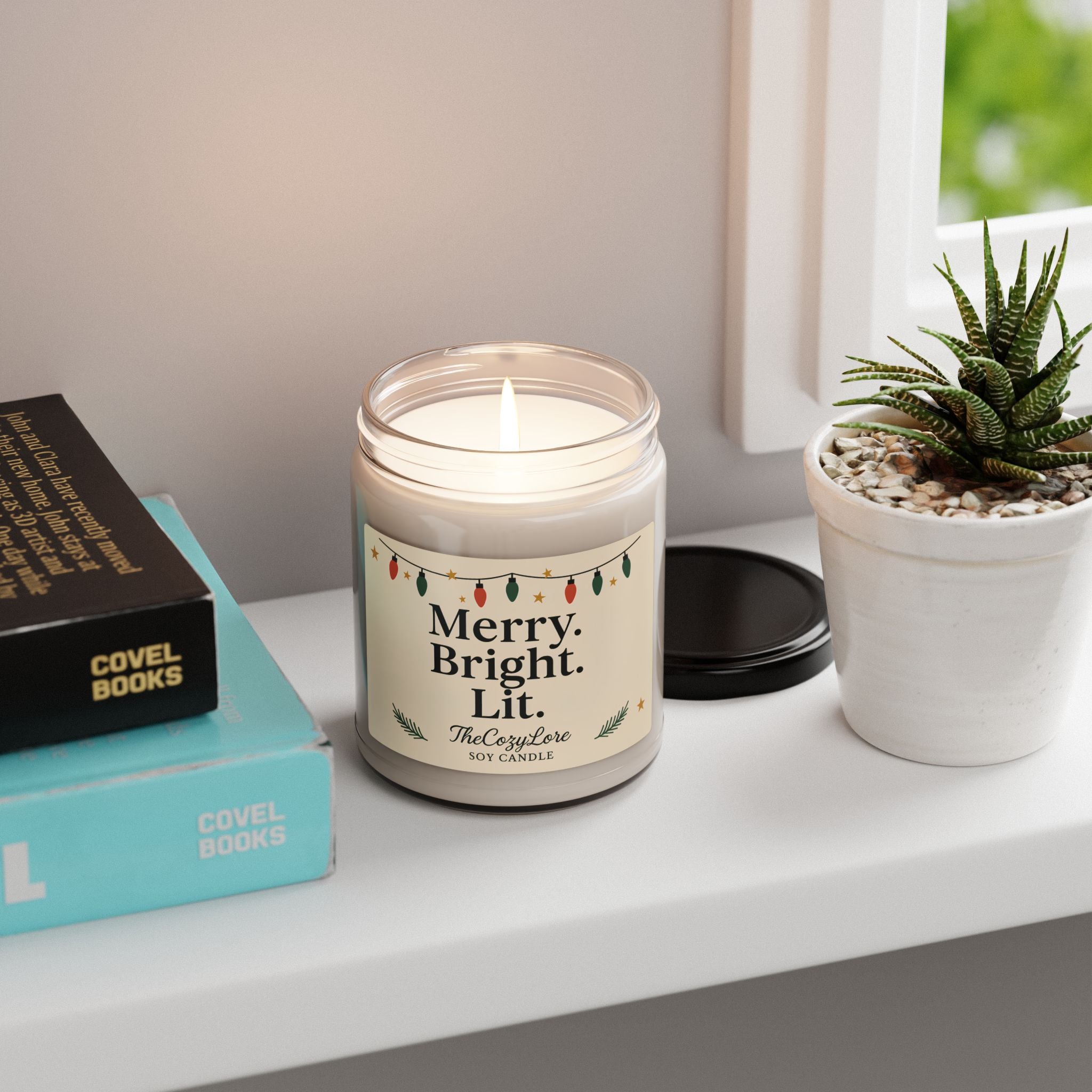 Merry Bright Lit Holiday Soy Candle Christmas Decor Jar, Winter Scented Gift for Home
