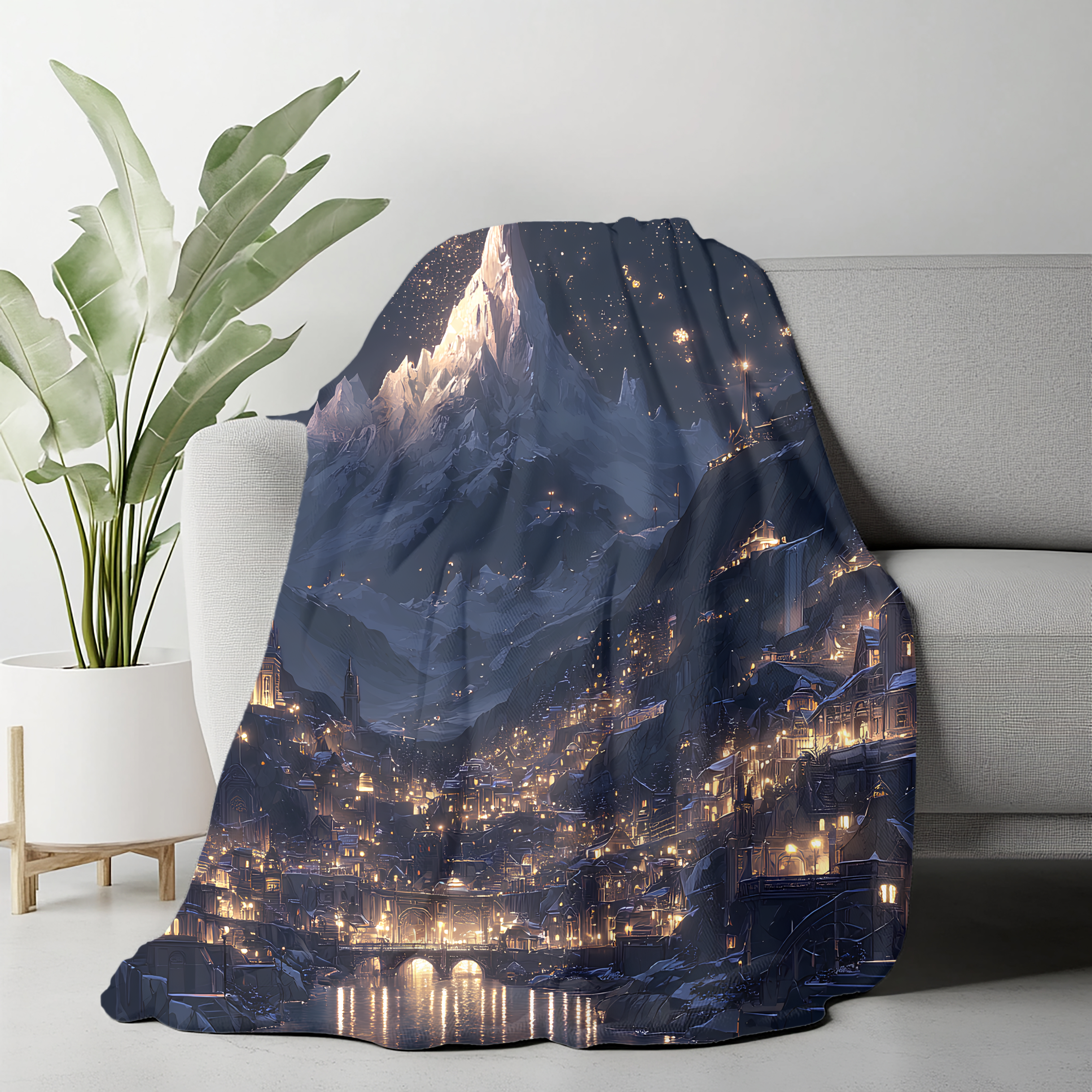 starlit skyline blanket featuring detailed glowing peaks, cozy throw blanket inspired by mountain lights and constellations