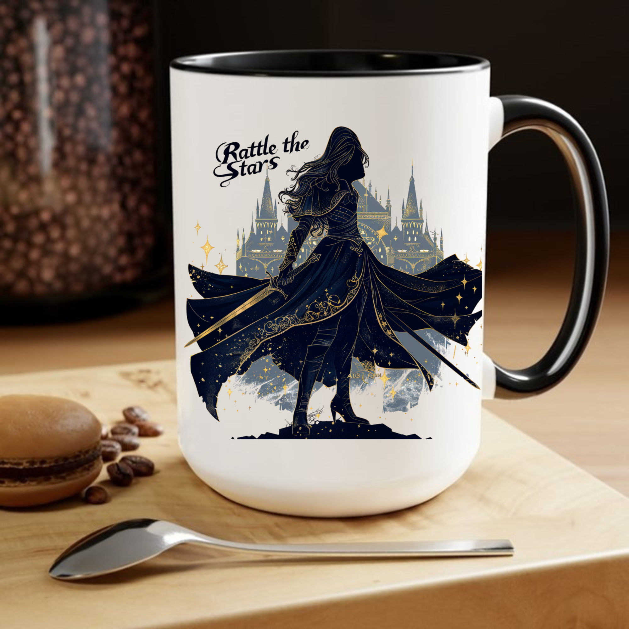 fantasy quote mug on wood table, aelin galathynius inspired coffee cup, rattle the stars ceramic mug