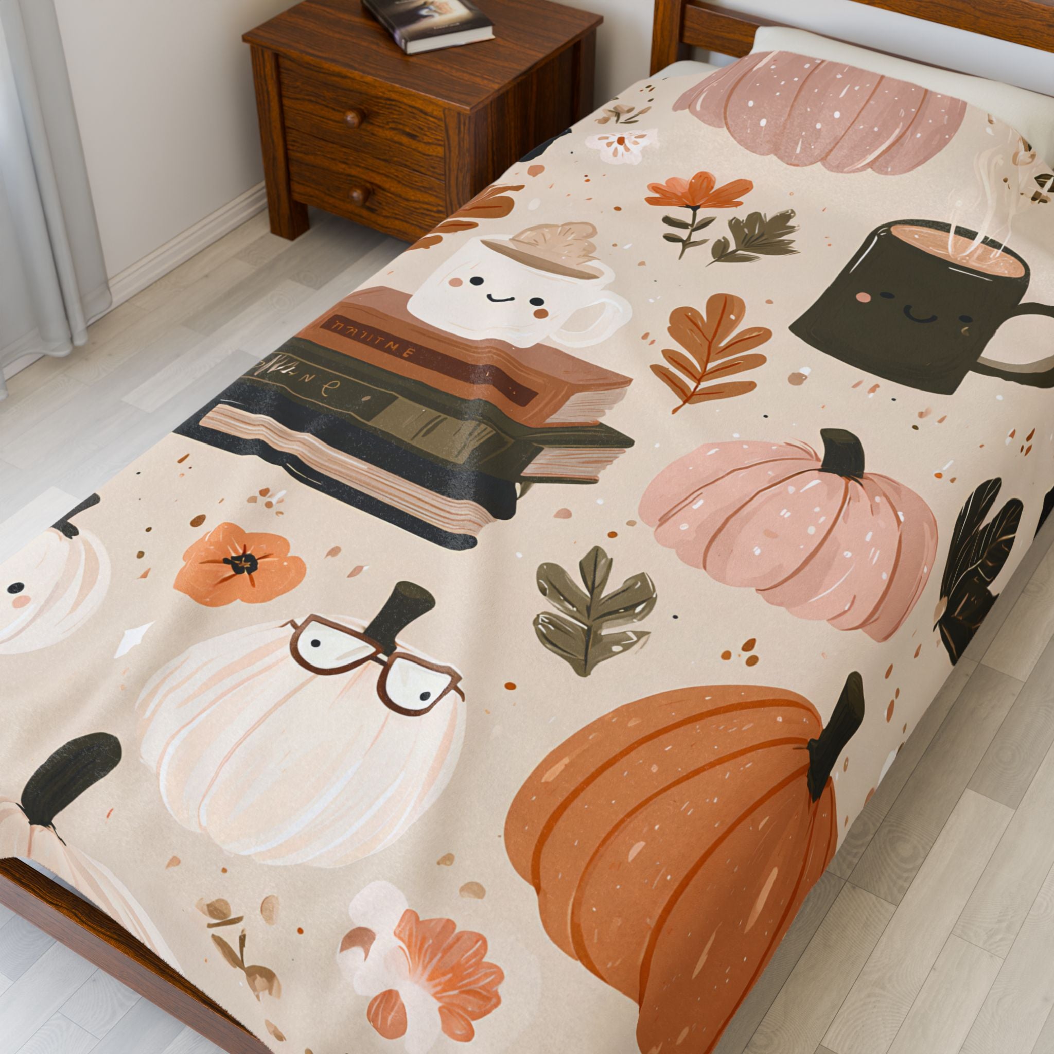 Cozy Velveteen Fall Blanket โ Pumpkin Coffee Floral Print Autumn Throw, Cottagecore Neutral Decor