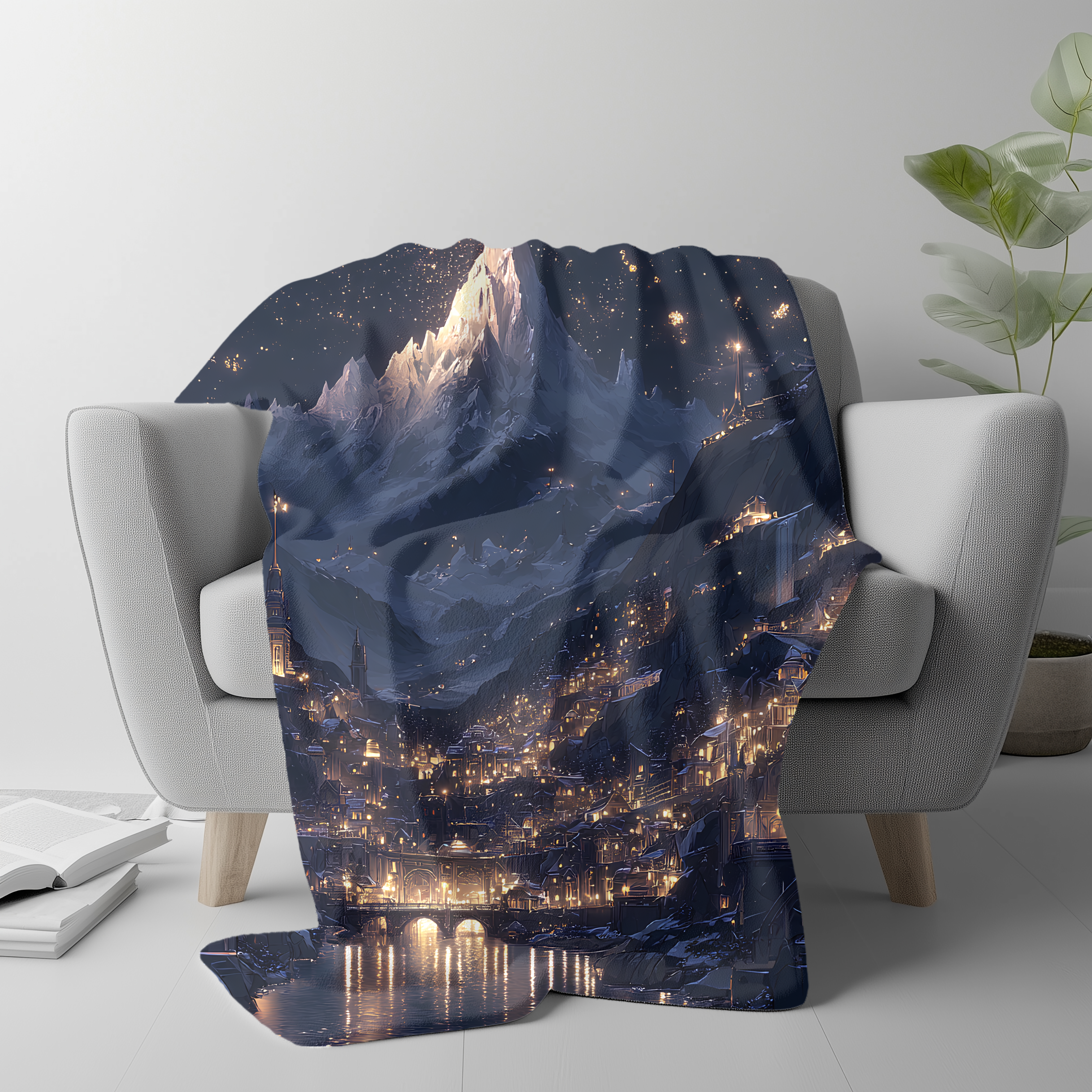 cozy fantasy throw showing illuminated mountain and river reflection, navy blue blanket printed with twinkling stars and city lights