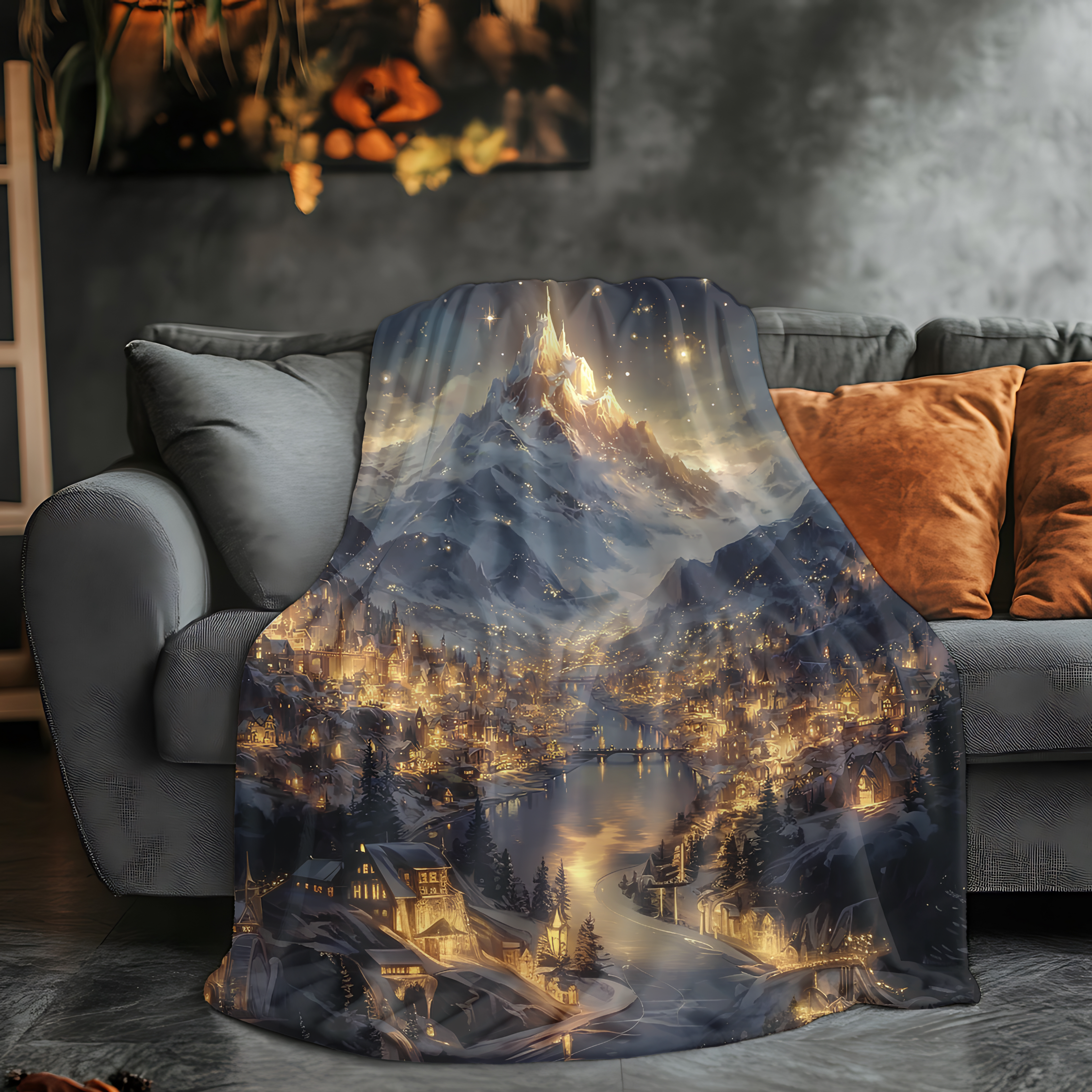 fantasy skyline blanket with shimmering lights and stars,
cozy reading nook throw featuring mountain under constellations,