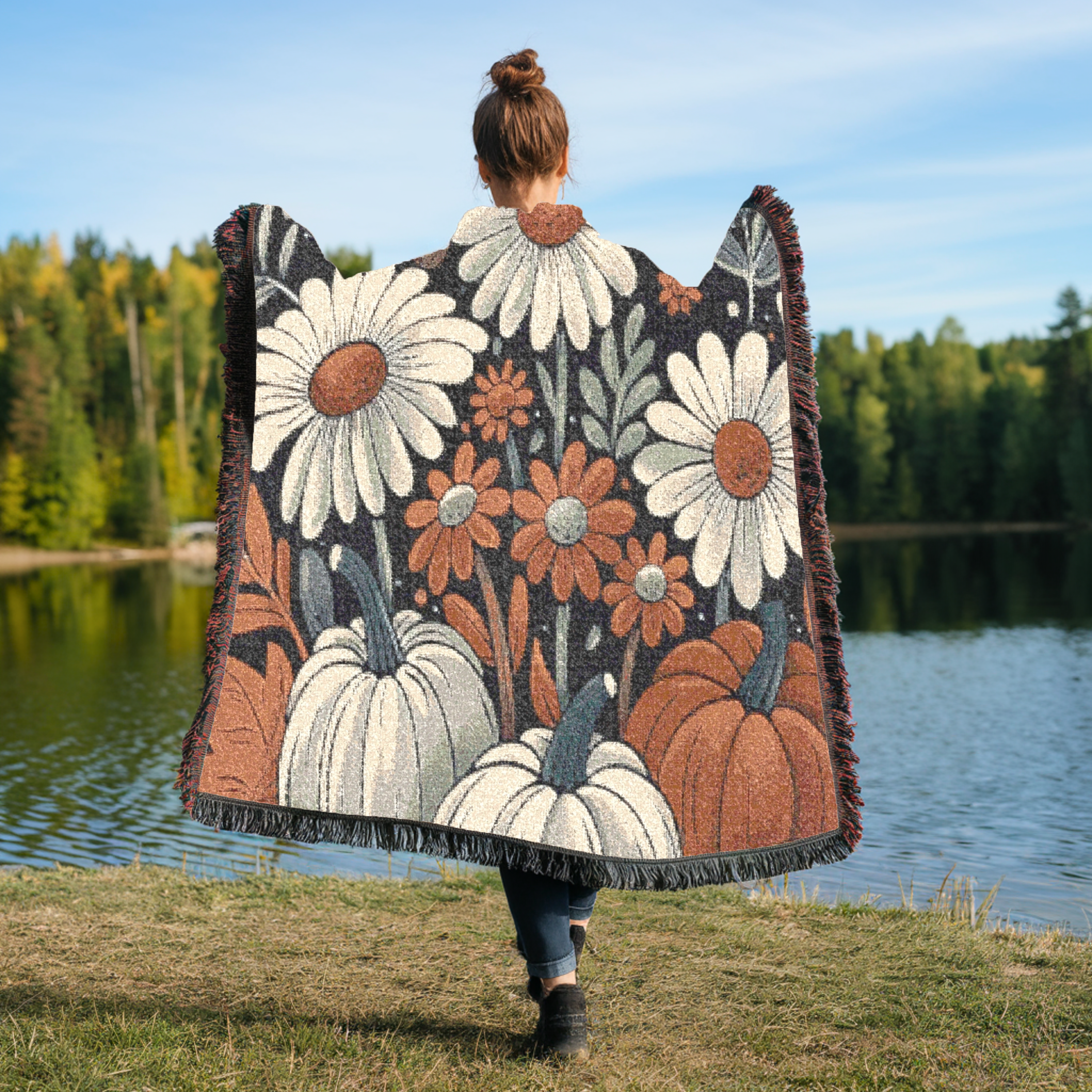 pumpkin daisy farmhouse fall blanket for bed,
country home rustic floral harvest throw blanket,
autumn pumpkin woven throw blanket for cozy living room