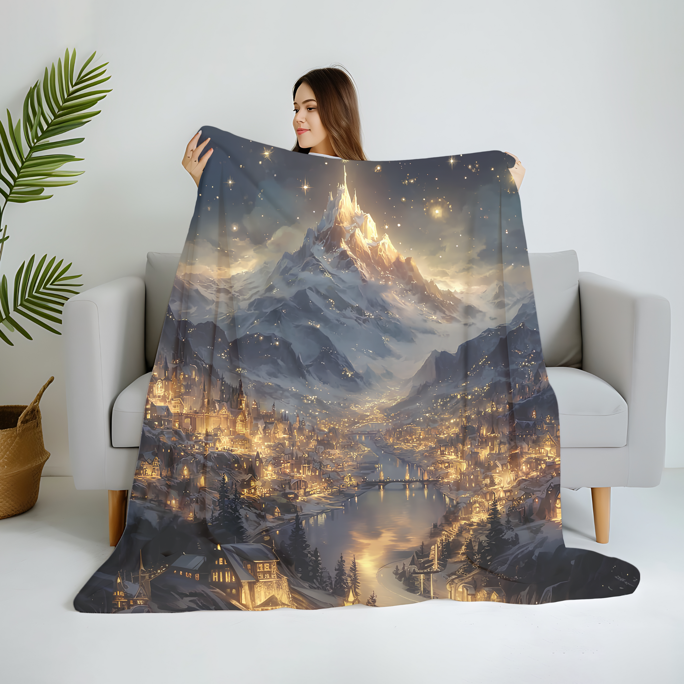 luminous mountain and river city blanket for book lovers,
cozy starlight blanket inspired by mystical city scenery,